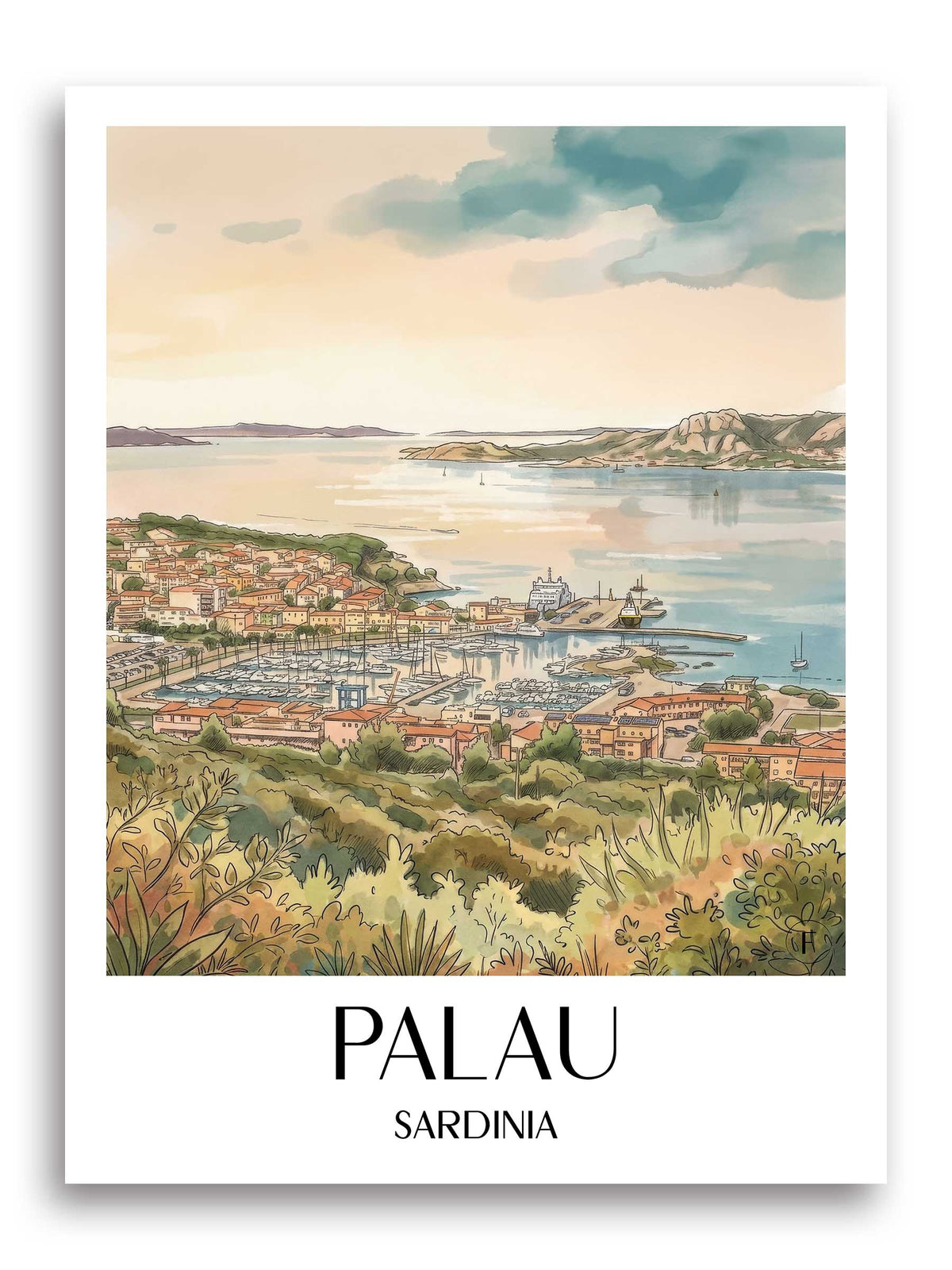 Palau Poster - Sardinien - Italien Kunstdruck - Aquarell von A4 bis A1 - favplace