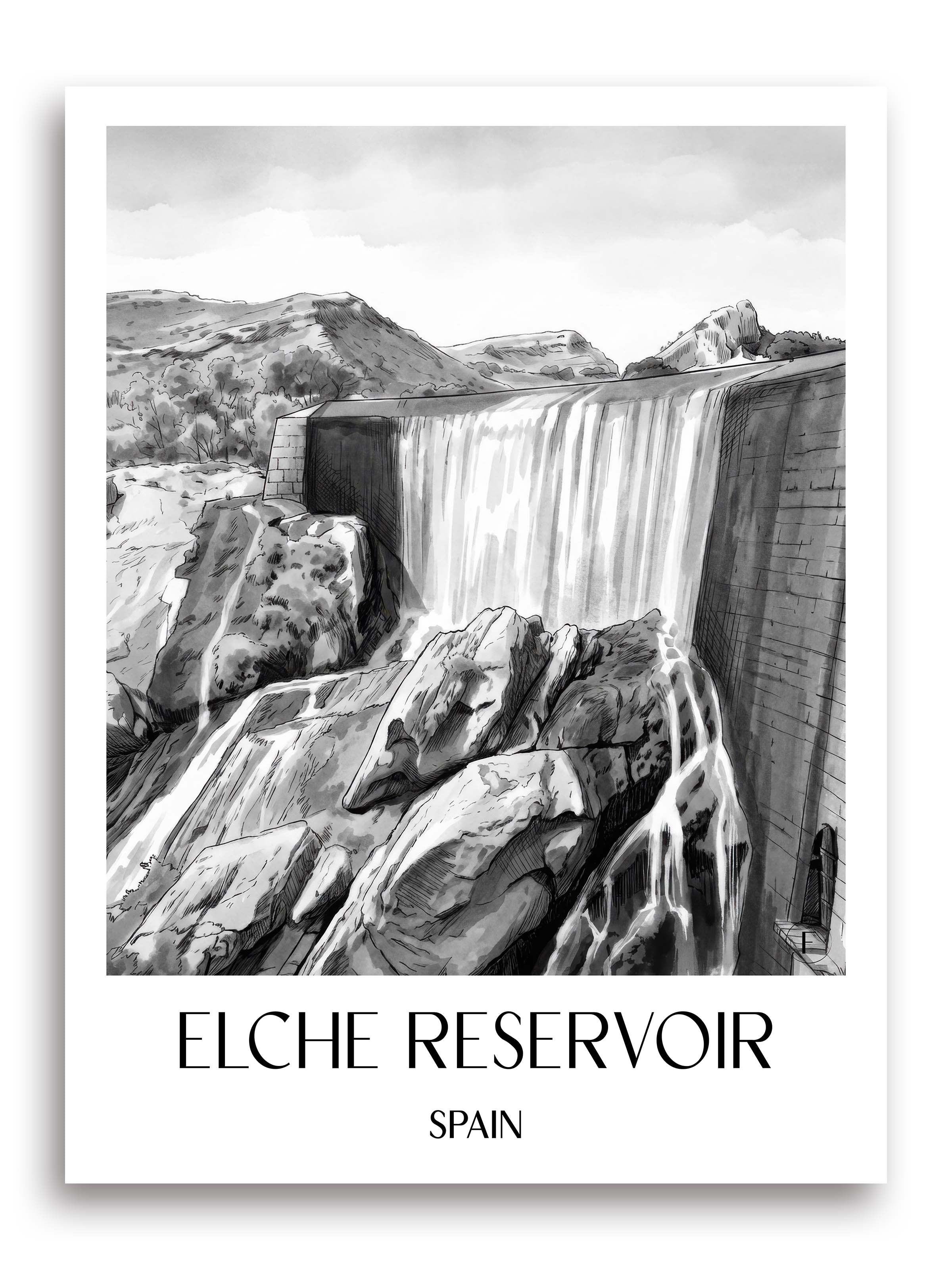 Pantano de Elche Poster - Spanien - Spanien Kunstdruck - Aquarell Schwarz-Weiß von A4 bis A1 - favplace
