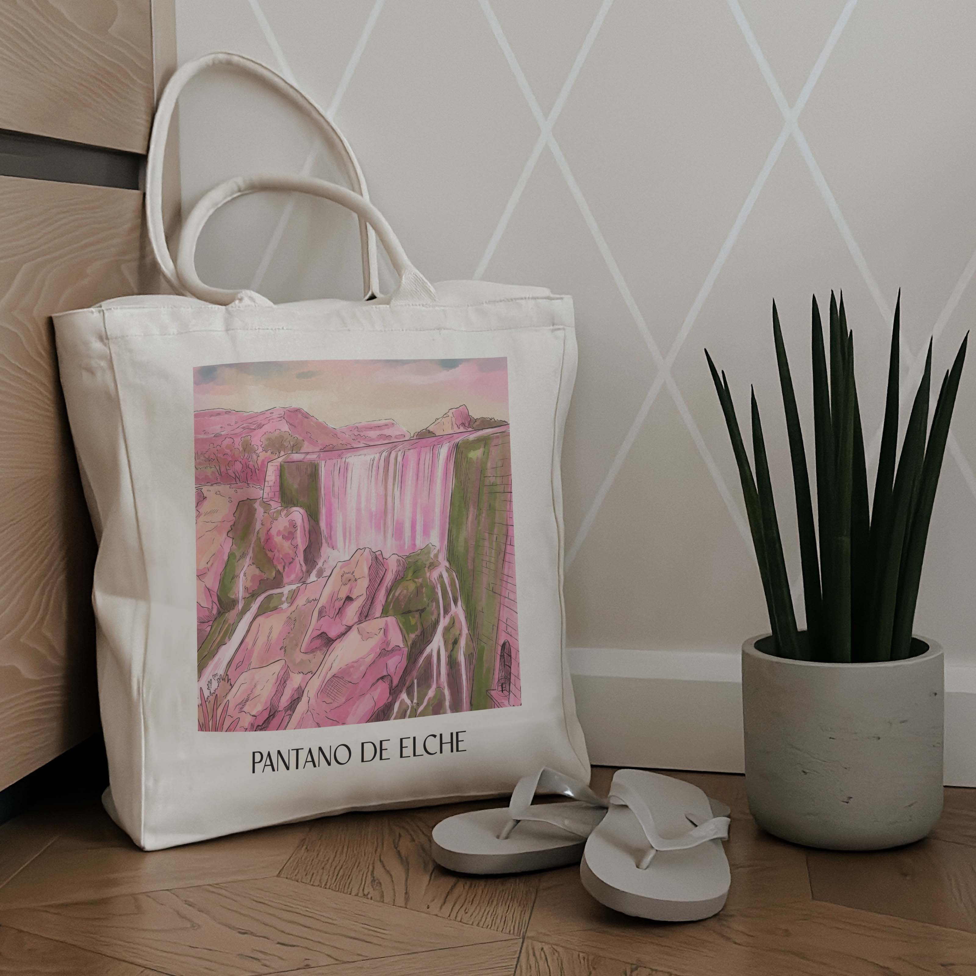 pantano-de-elche-spanien-spanien-einkaufstasche-aquarell-pink-rosa