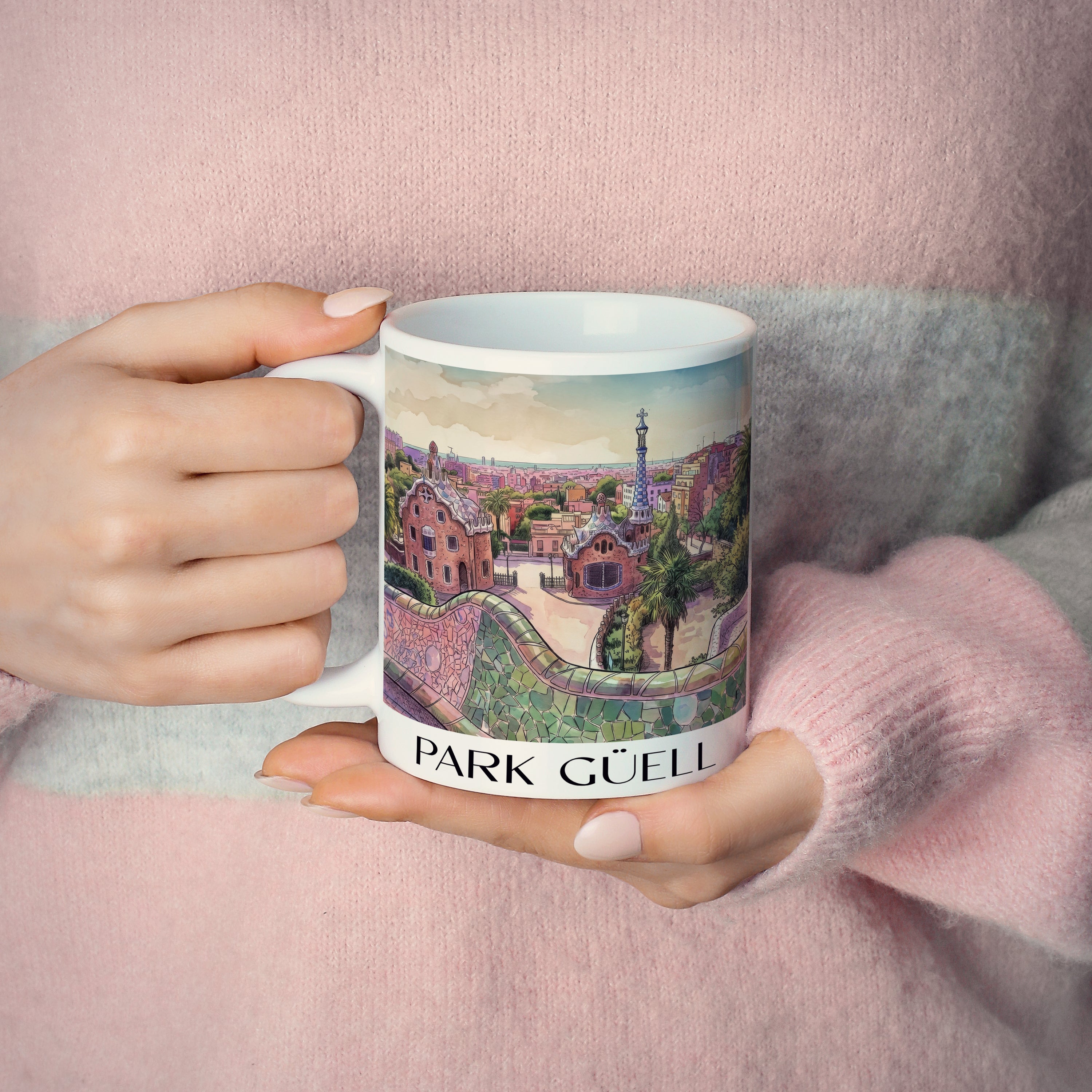 park-güell-barcelona-spanien-kaffeebecher-aquarell-pink-rosa