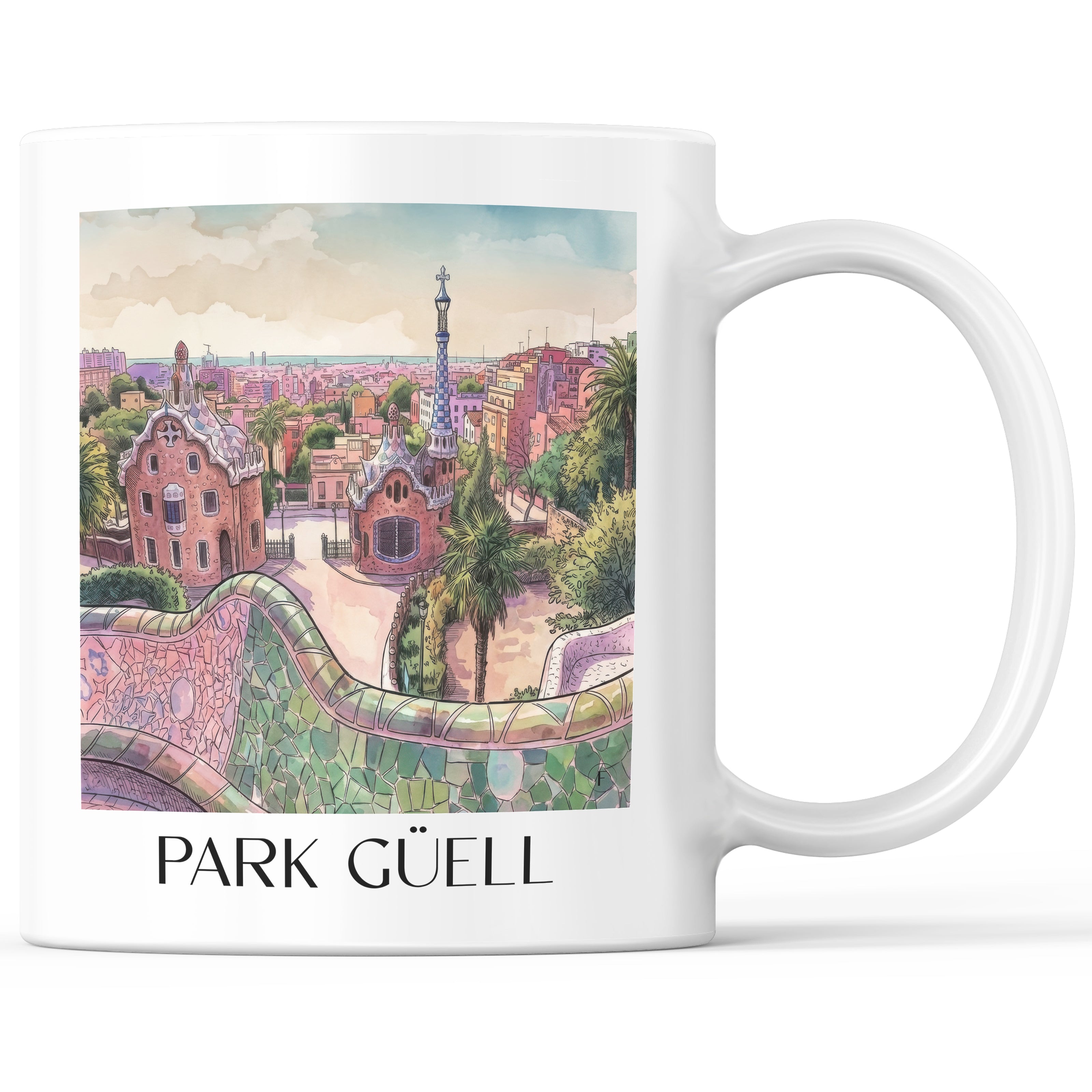 Park Güell Kaffeebecher - Barcelona - Spanien Becher - Kaffeetasse im Aquarell Pink Stil - favplace