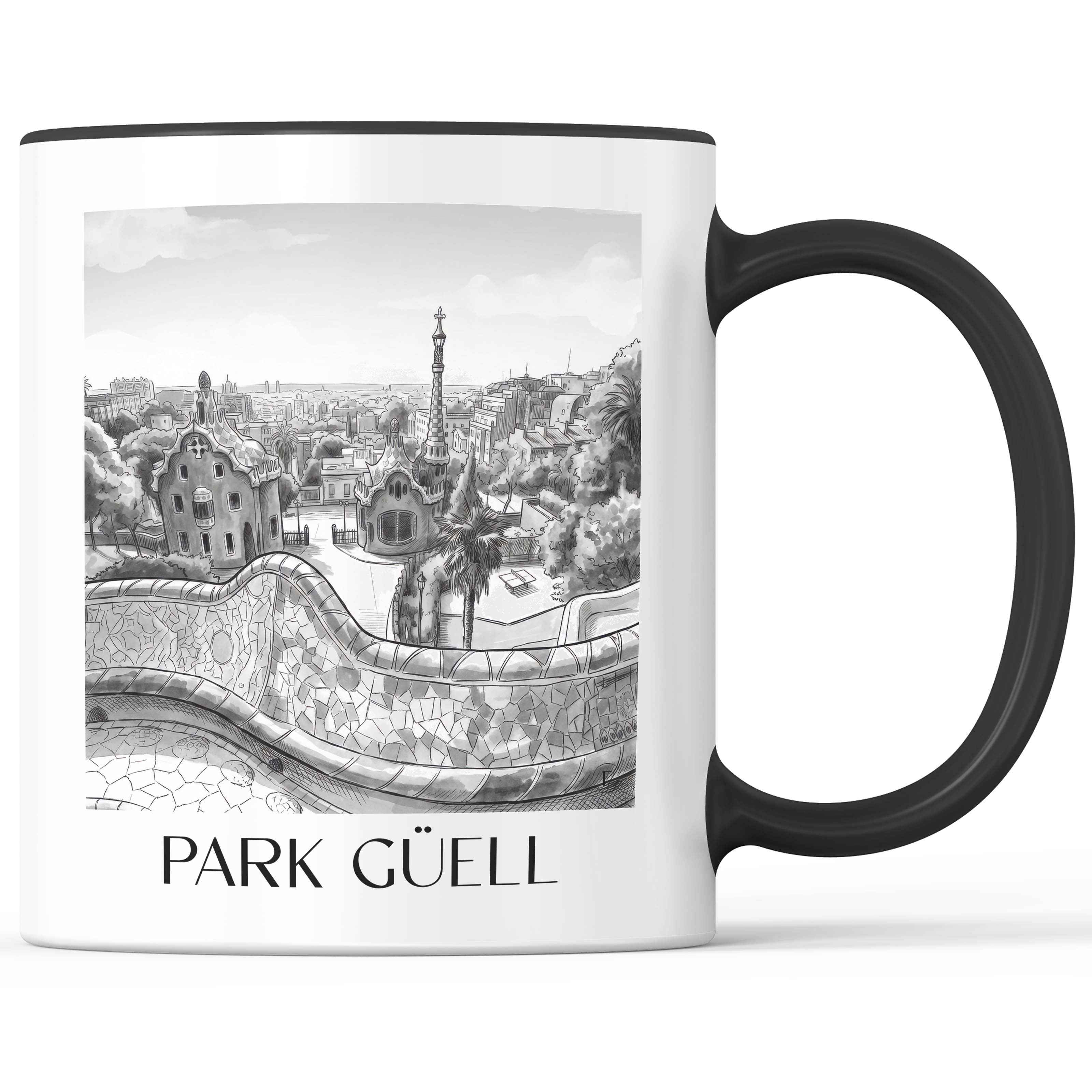 park-güell-barcelona-spanien-kaffeebecher-aquarell-schwarz-weiss