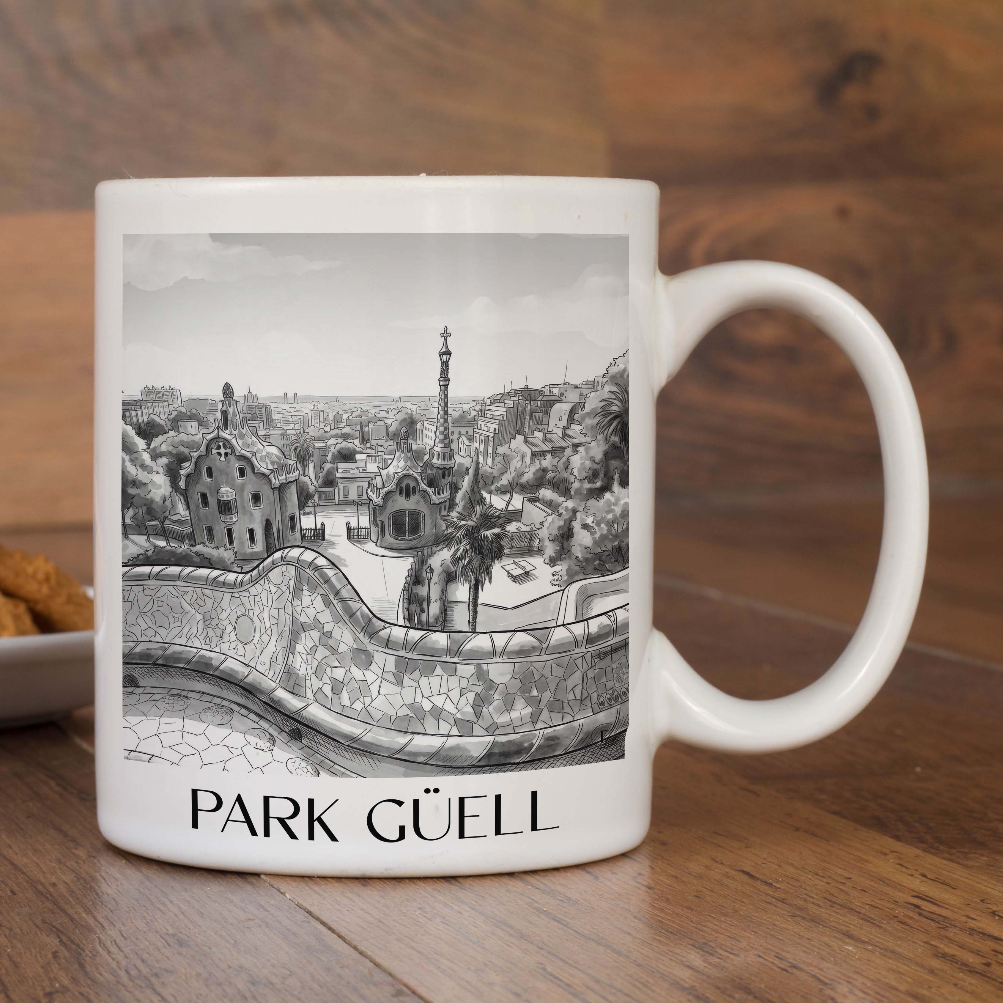 park-güell-barcelona-spanien-kaffeebecher-aquarell-schwarz-weiss