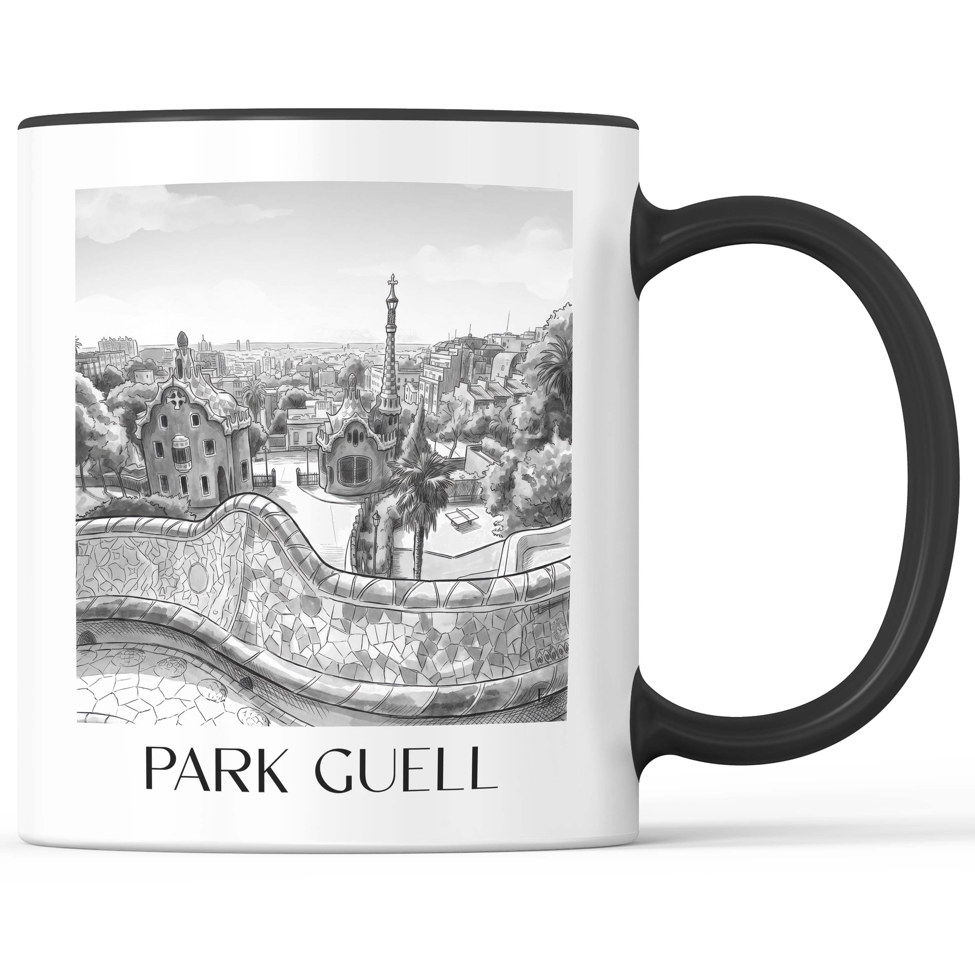 Park Güell Kaffeebecher - Barcelona - Spanien Becher - Kaffeetasse im Aquarell Schwarz-Weiß Stil - favplace