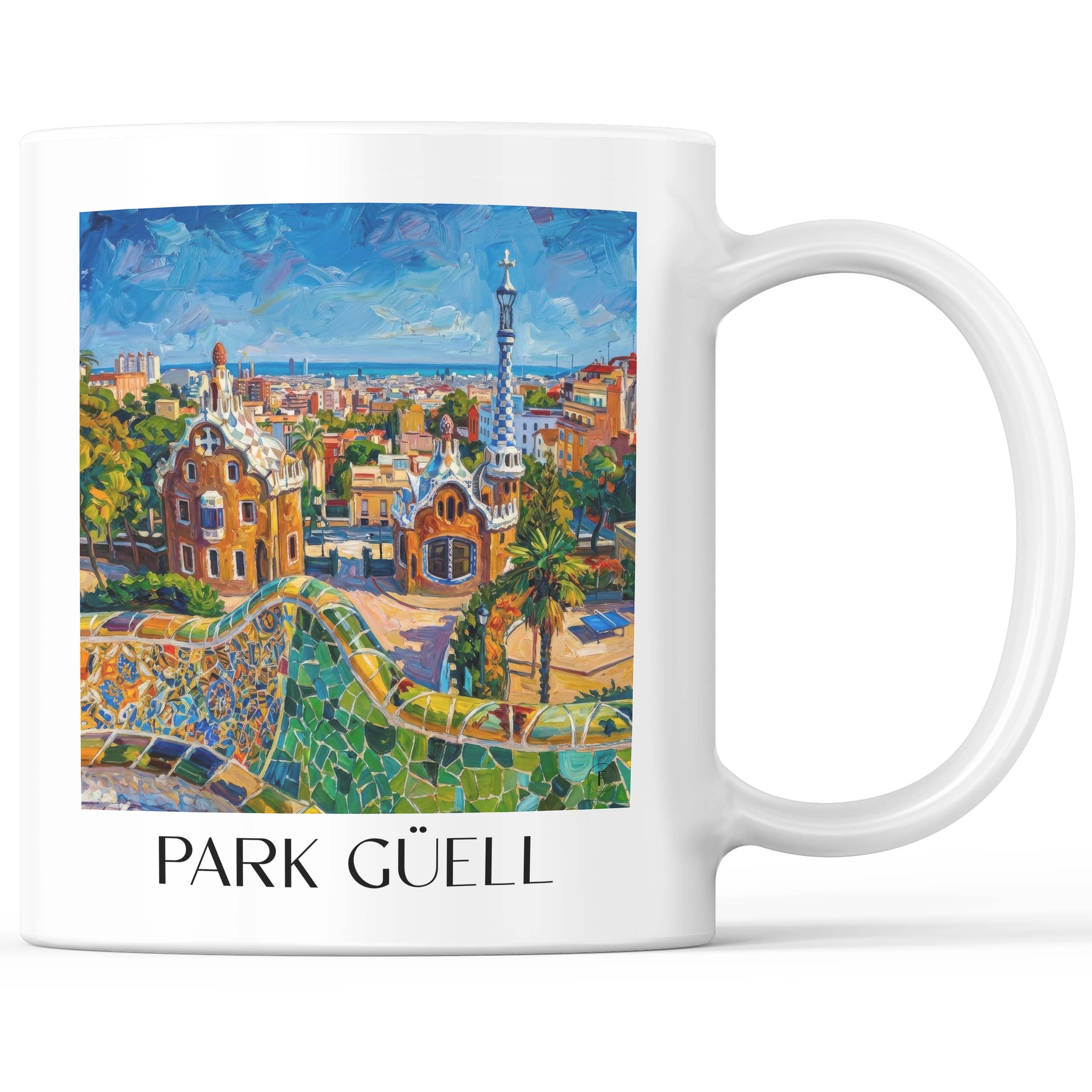 Park Güell Kaffeebecher - Barcelona - Spanien Becher - Kaffeetasse im Ölgemälde Stil - favplace