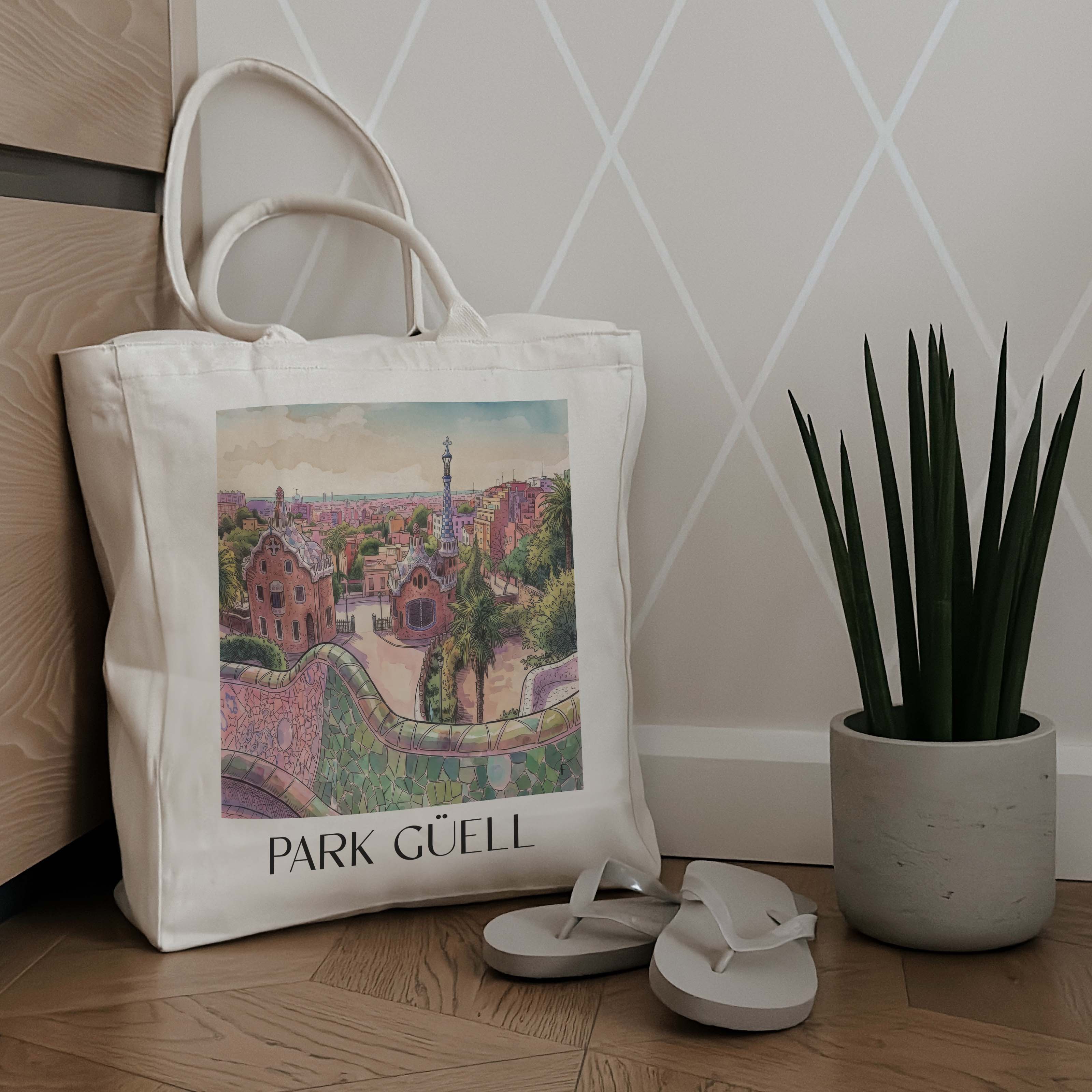park-güell-barcelona-spanien-einkaufstasche-aquarell-pink-rosa