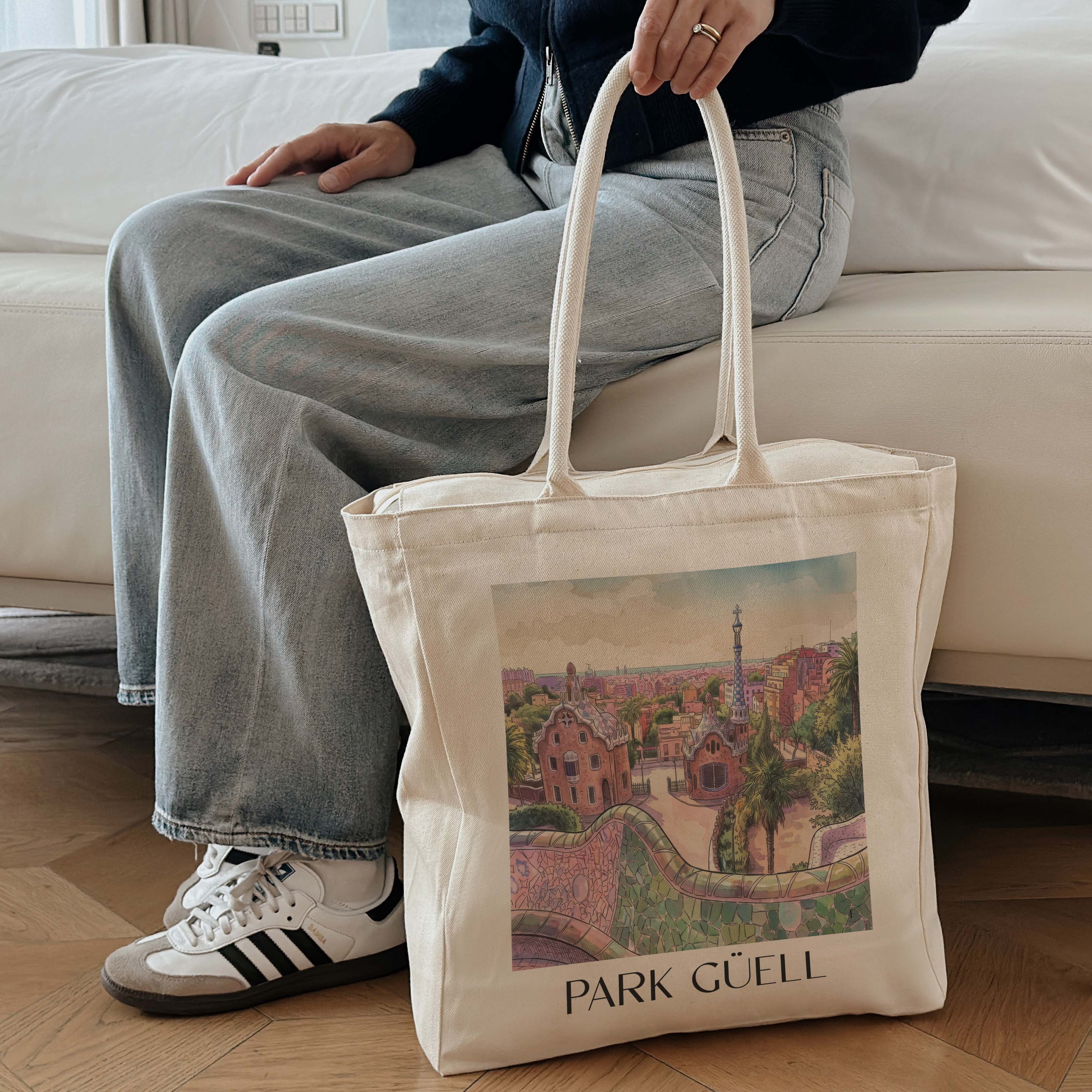 park-güell-barcelona-spanien-einkaufstasche-aquarell-pink-rosa