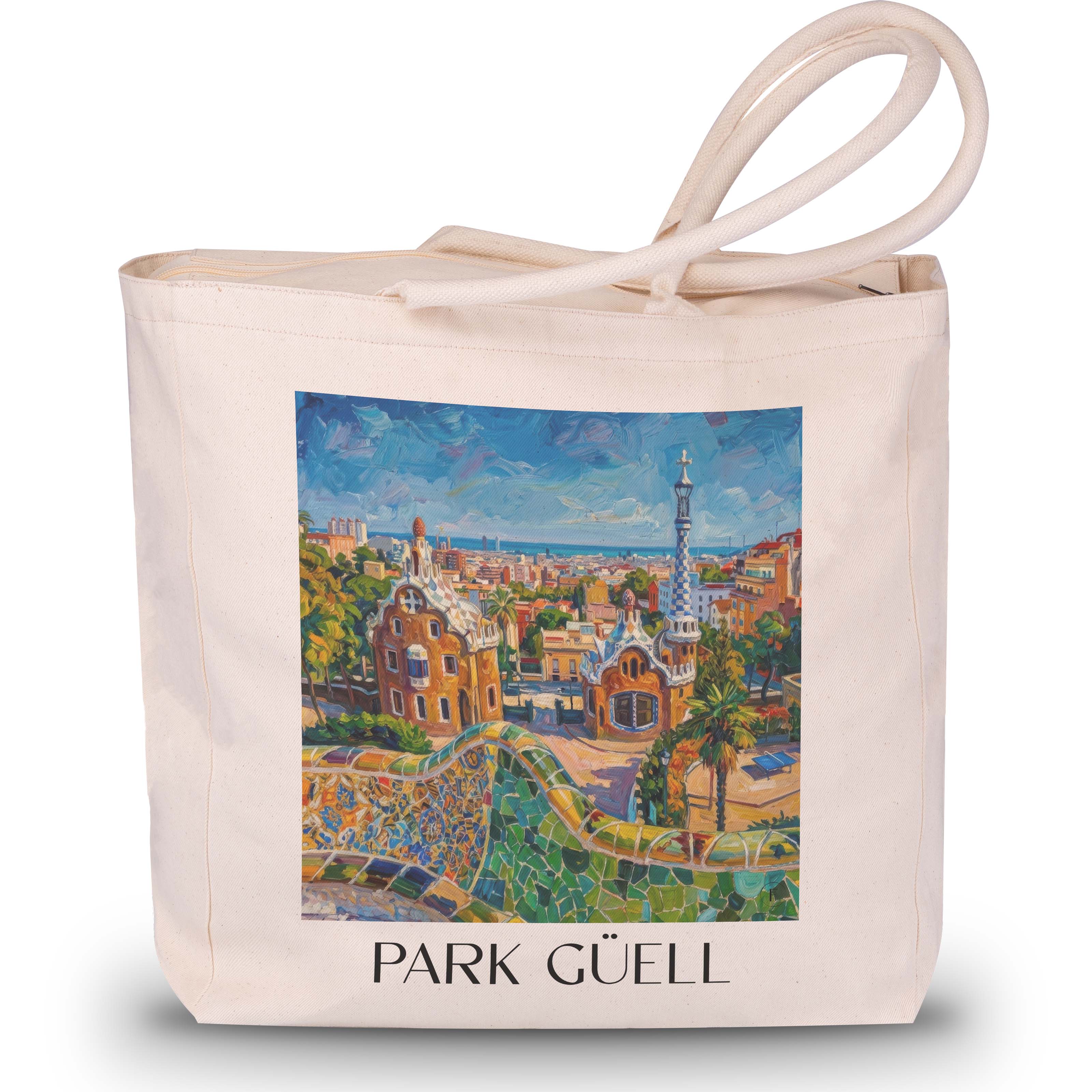 park-güell-barcelona-spanien-einkaufstasche-oil-painting-oelgemaelde