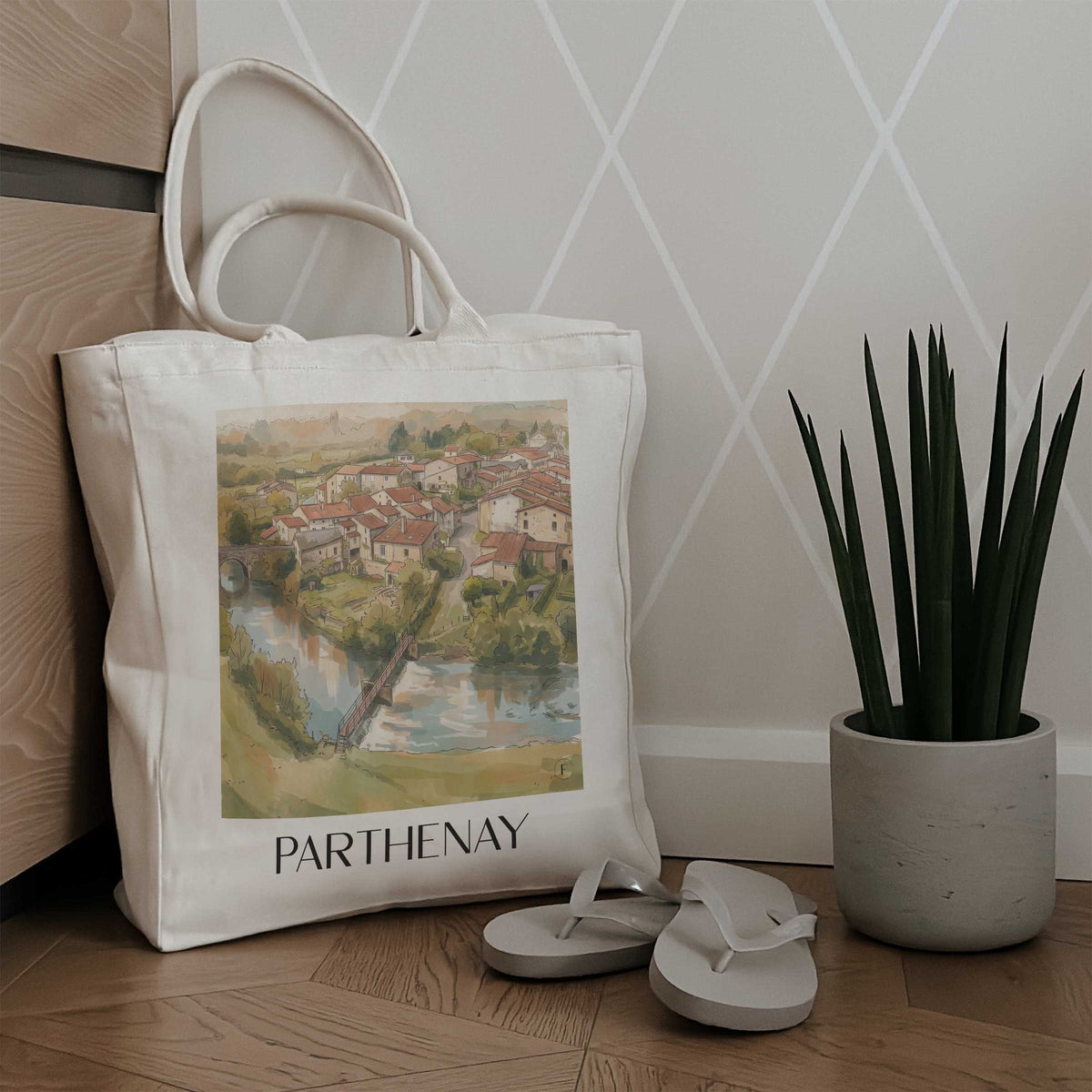 parthenay-deux-sèvres-frankreich-einkaufstasche-aquarell