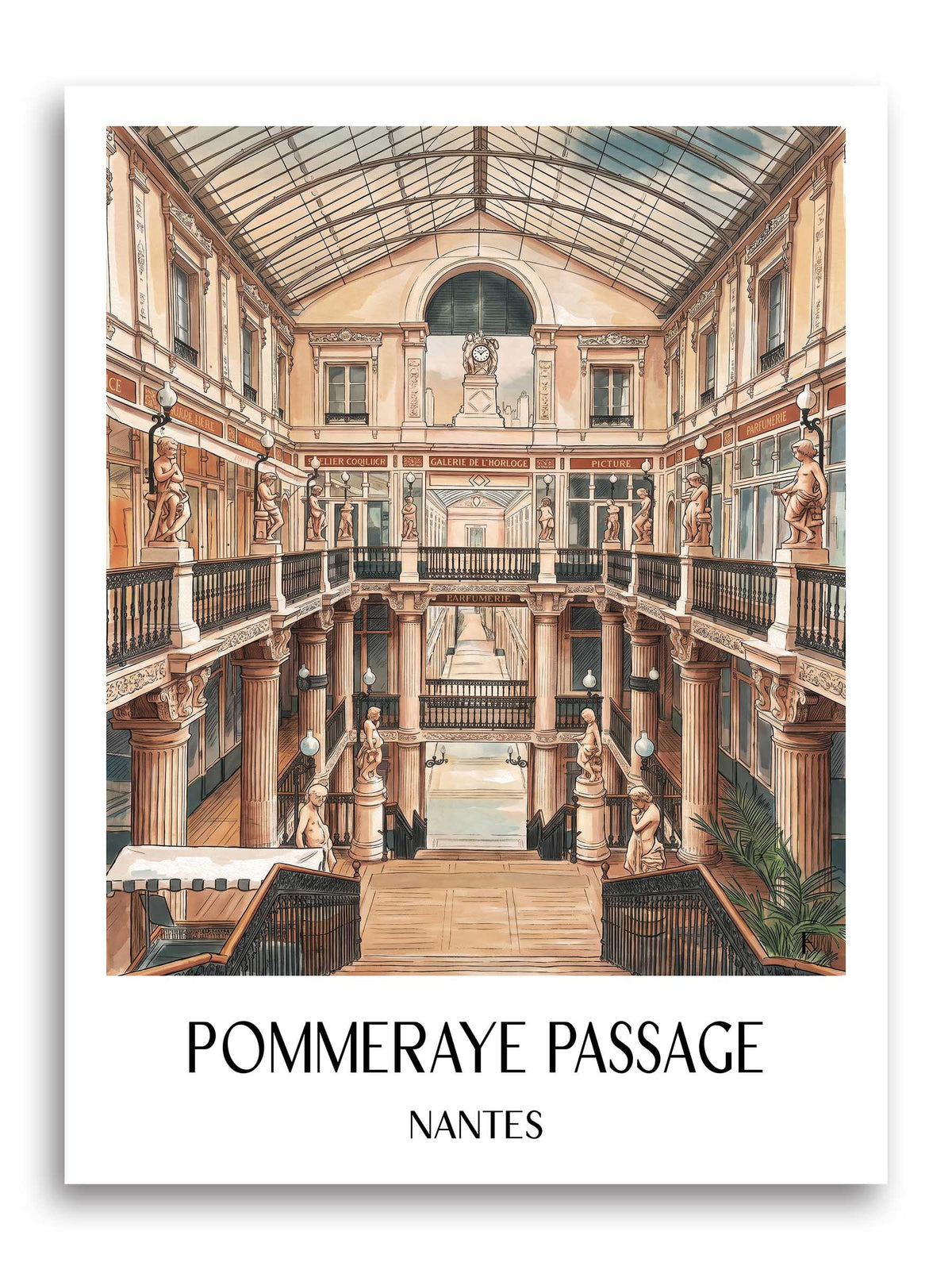 Passage Pommeraye Poster - Nantes - Frankreich Kunstdruck - Aquarell von A4 bis A1