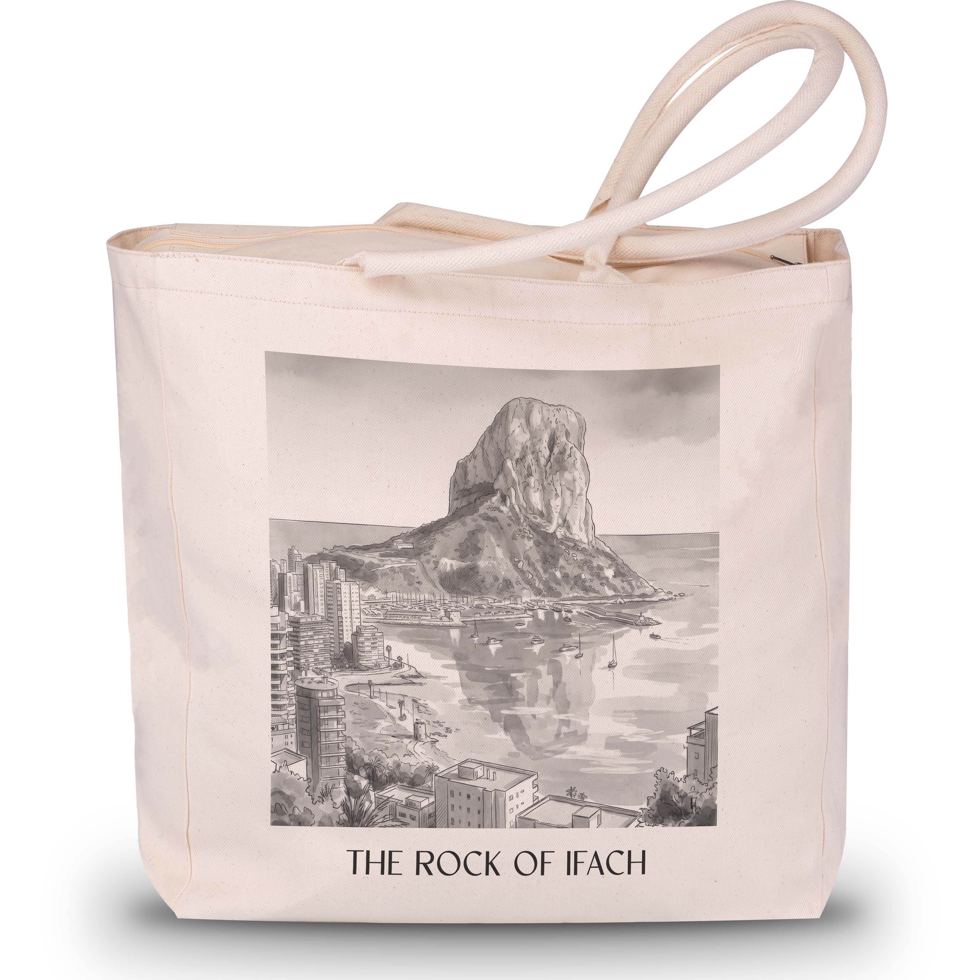 Peñón de Ifach Shopping Tasche - Calpe - Spanien Tote Bag - Einkaufstasche im Aquarell Schwarz-Weiß Stil - favplace