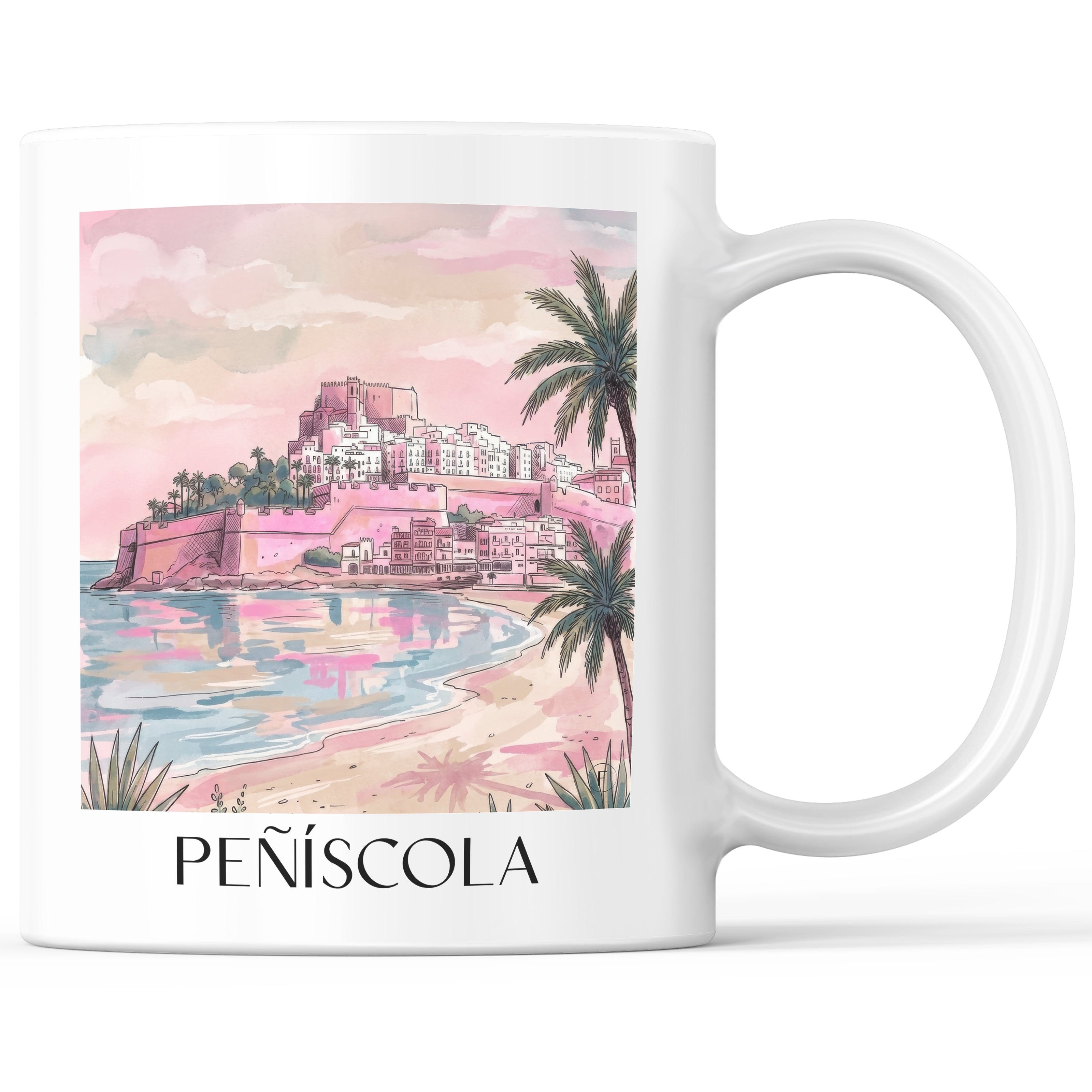 Peñíscola Kaffeebecher - Spanien - Spanien Becher - Kaffeetasse im Aquarell Pink Stil - favplace