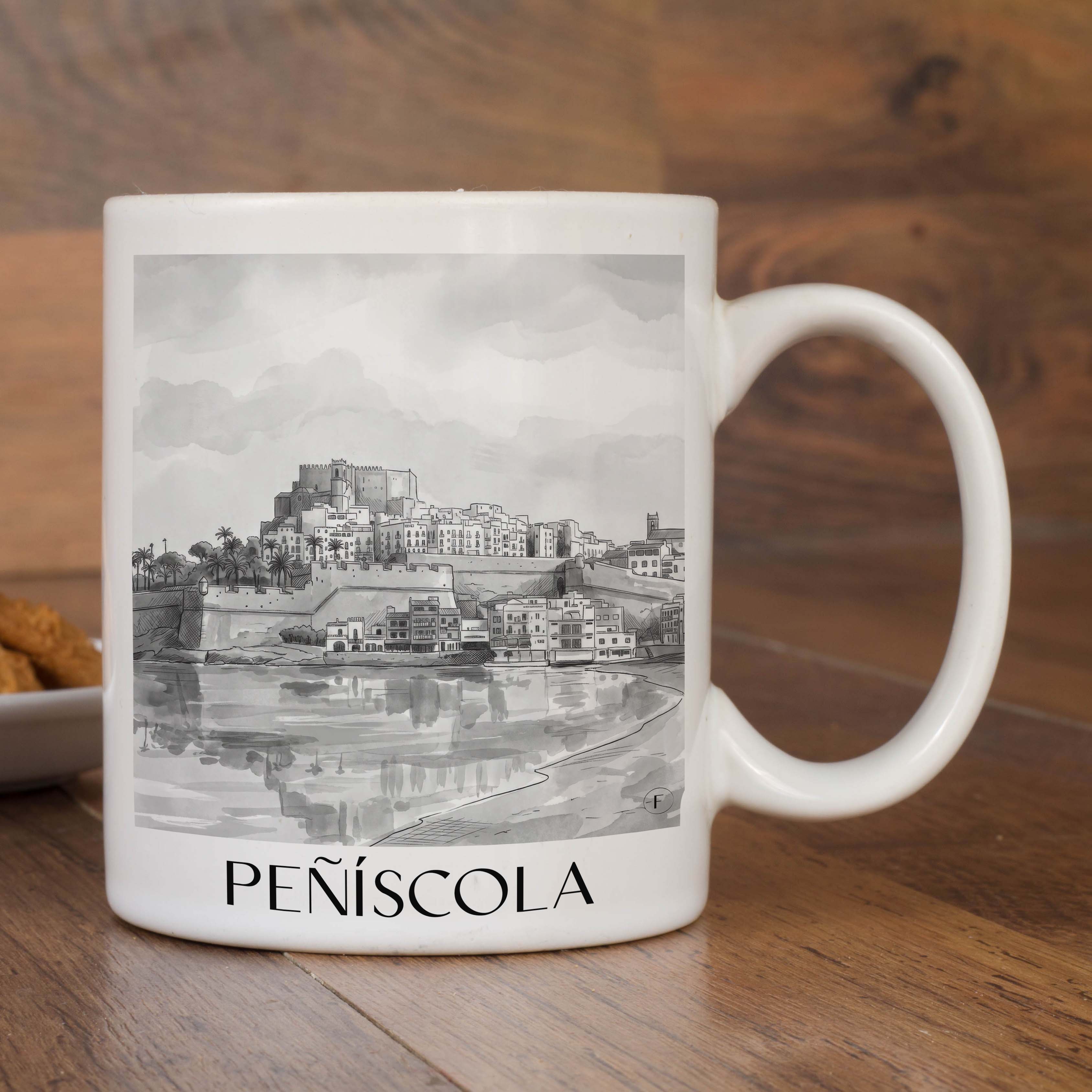 peñíscola-spanien-spanien-kaffeebecher-aquarell-schwarz-weiss