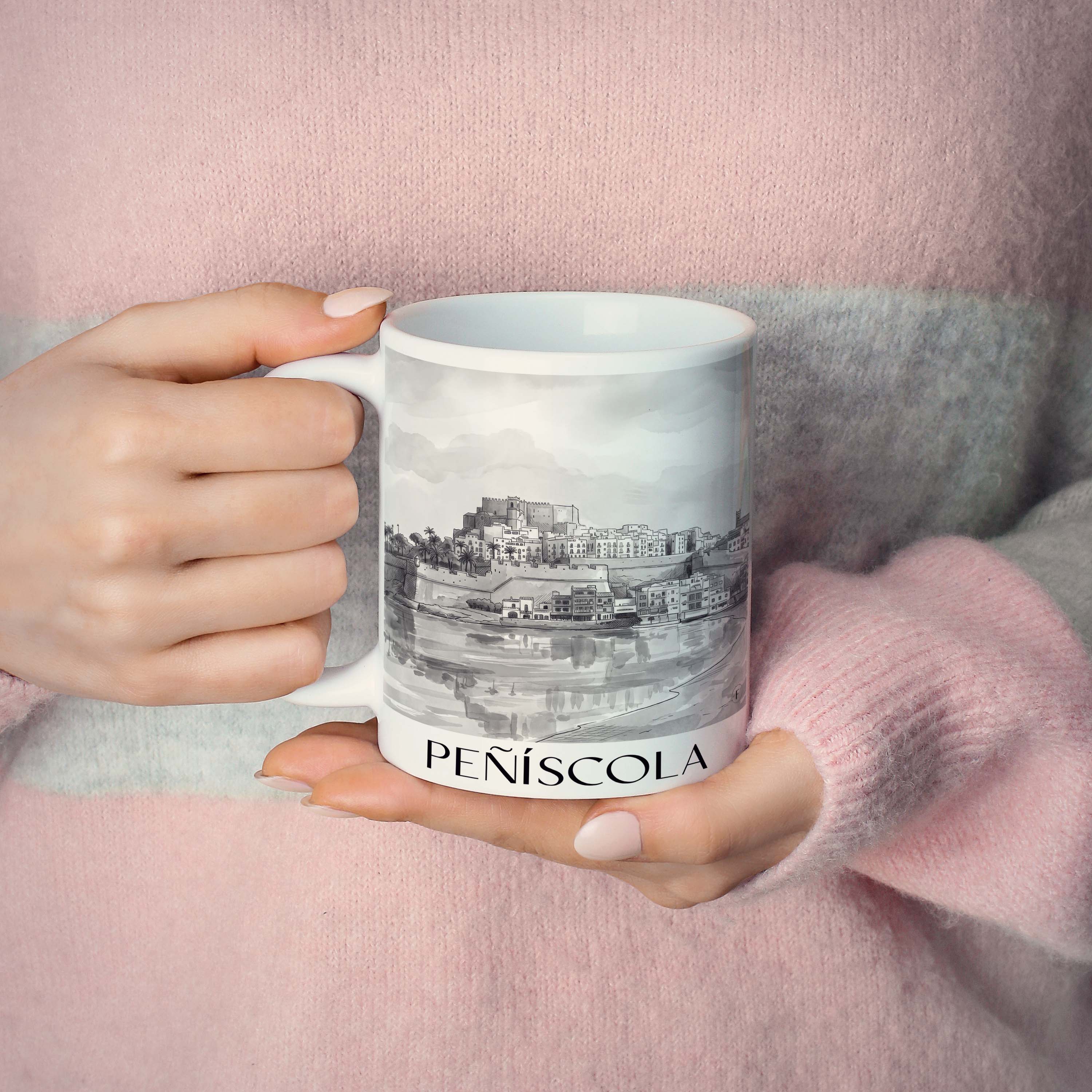 peñíscola-spanien-spanien-kaffeebecher-aquarell-schwarz-weiss