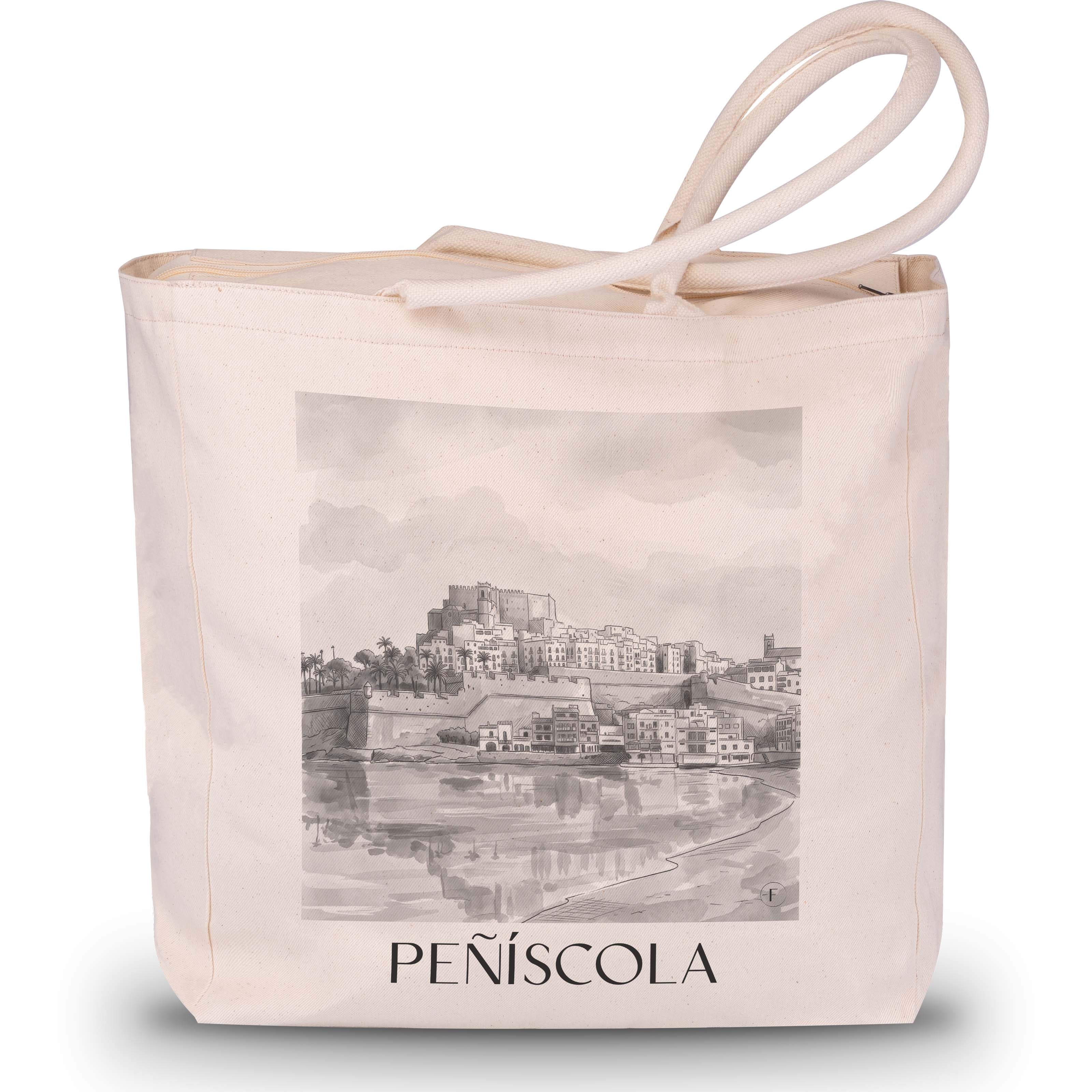 peñíscola-spanien-spanien-einkaufstasche-aquarell-schwarz-weiss