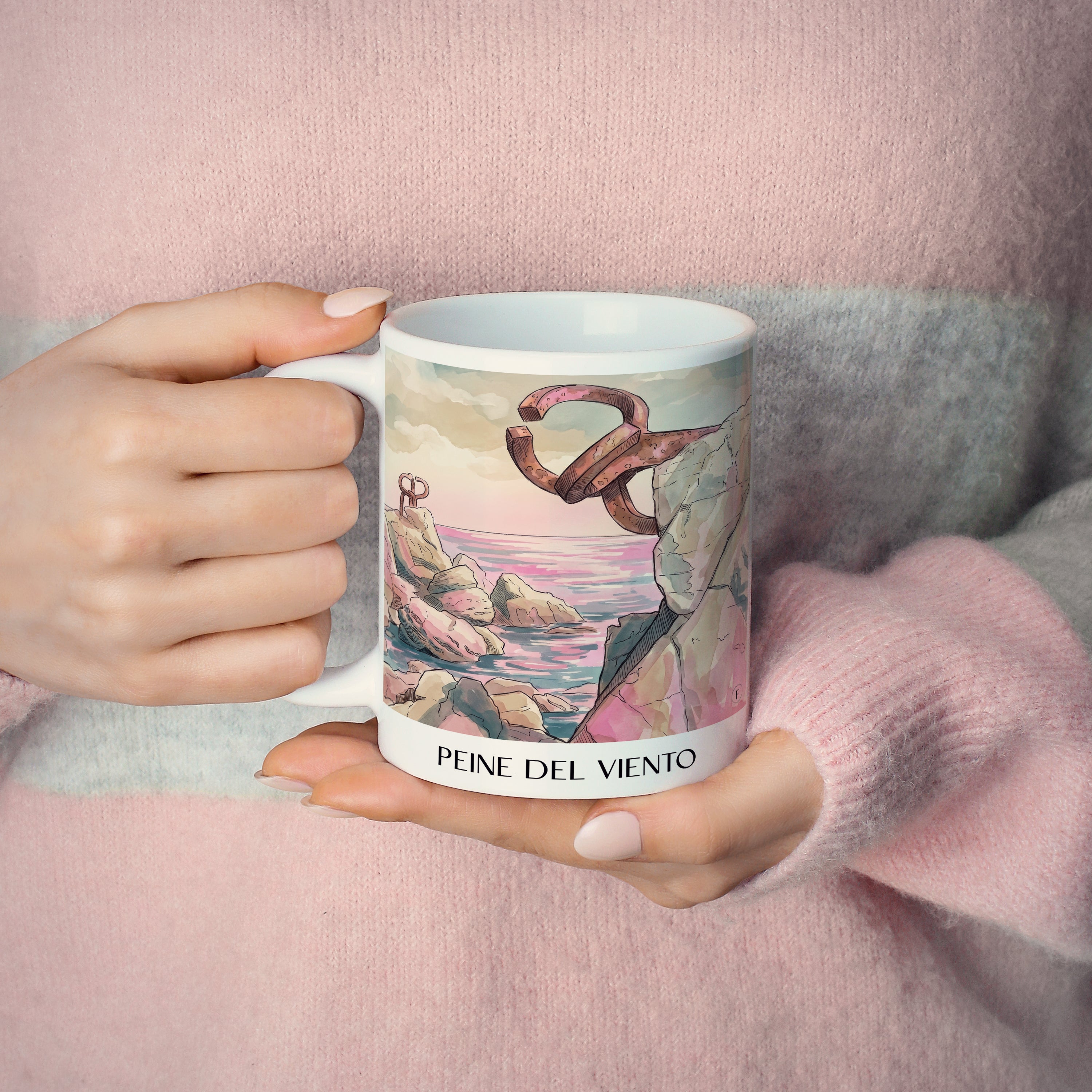 peine-del-viento-san-sebastián-spanien-kaffeebecher-aquarell-pink-rosa