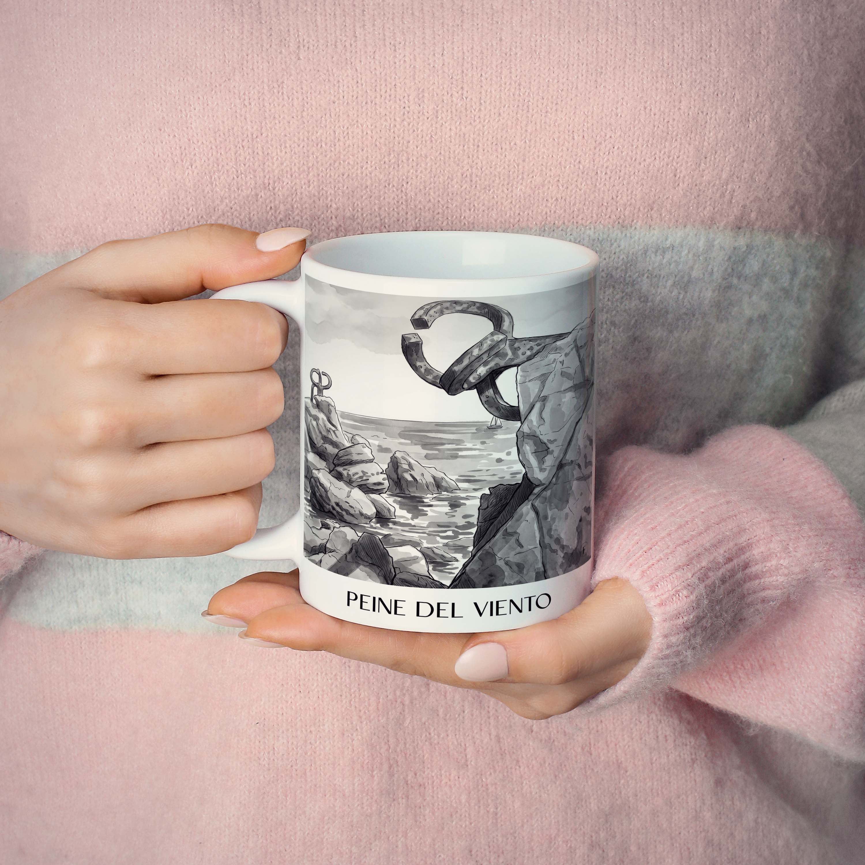 peine-del-viento-san-sebastián-spanien-kaffeebecher-aquarell-schwarz-weiss