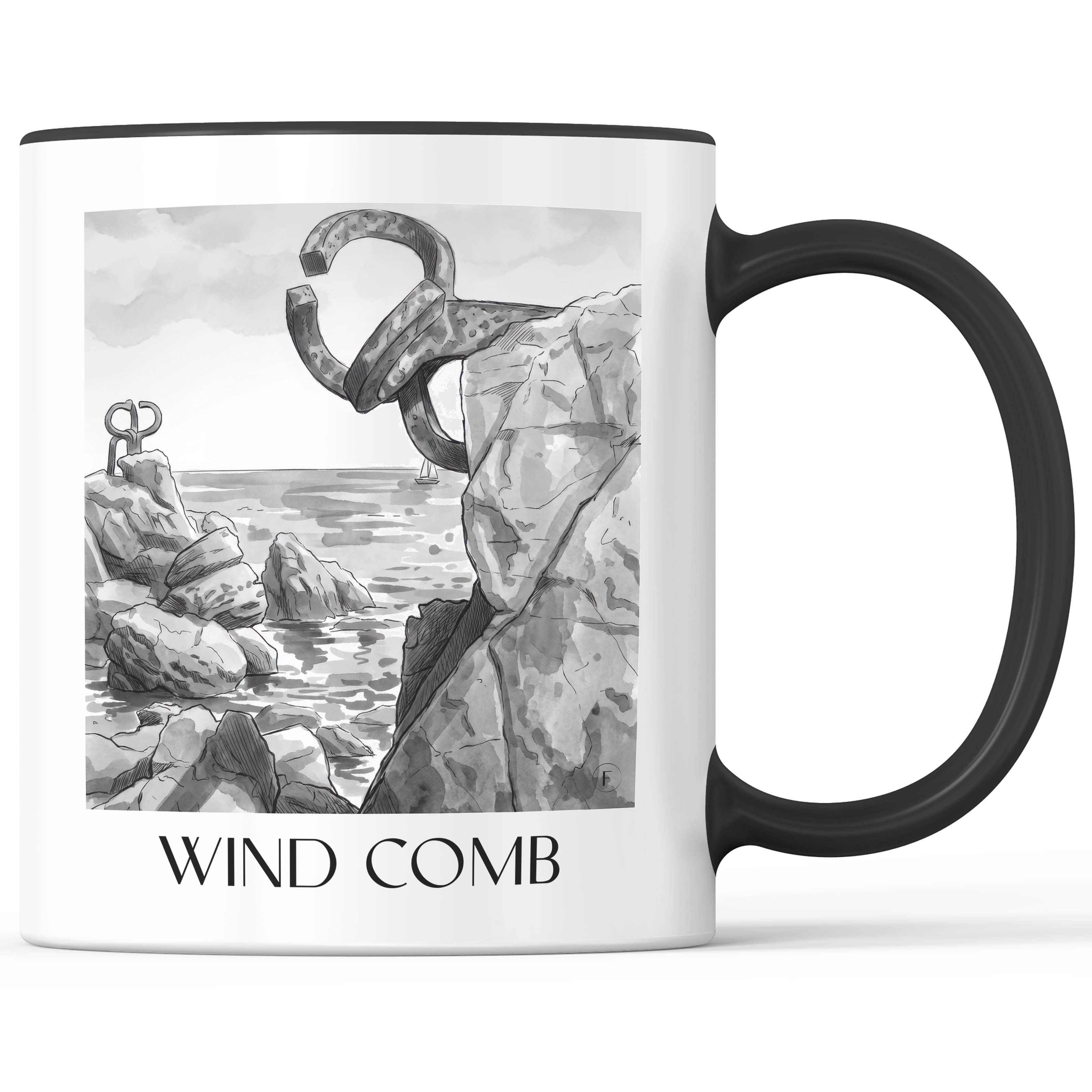 Peine del Viento Kaffeebecher - San Sebastián - Spanien Becher - Kaffeetasse im Aquarell Schwarz-Weiß Stil - favplace
