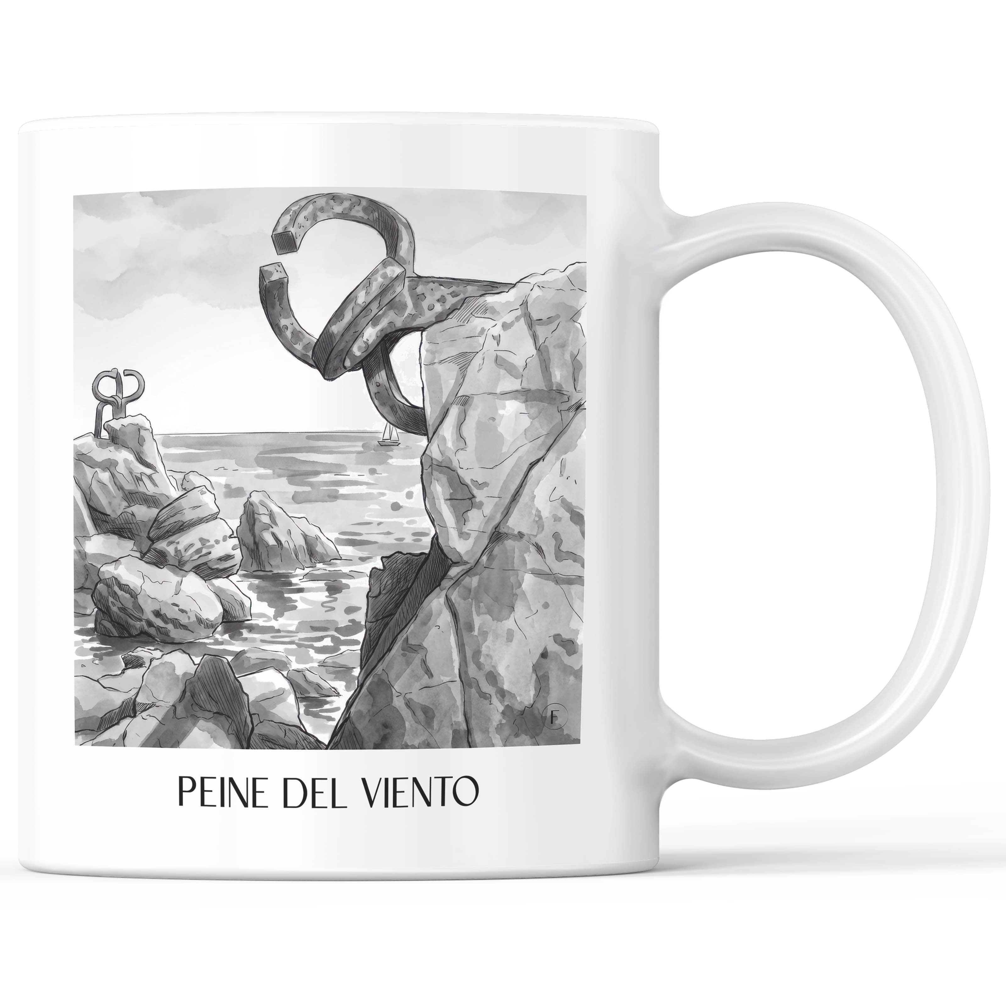 Peine del Viento Kaffeebecher - San Sebastián - Spanien Becher - Kaffeetasse im Aquarell Schwarz-Weiß Stil - favplace