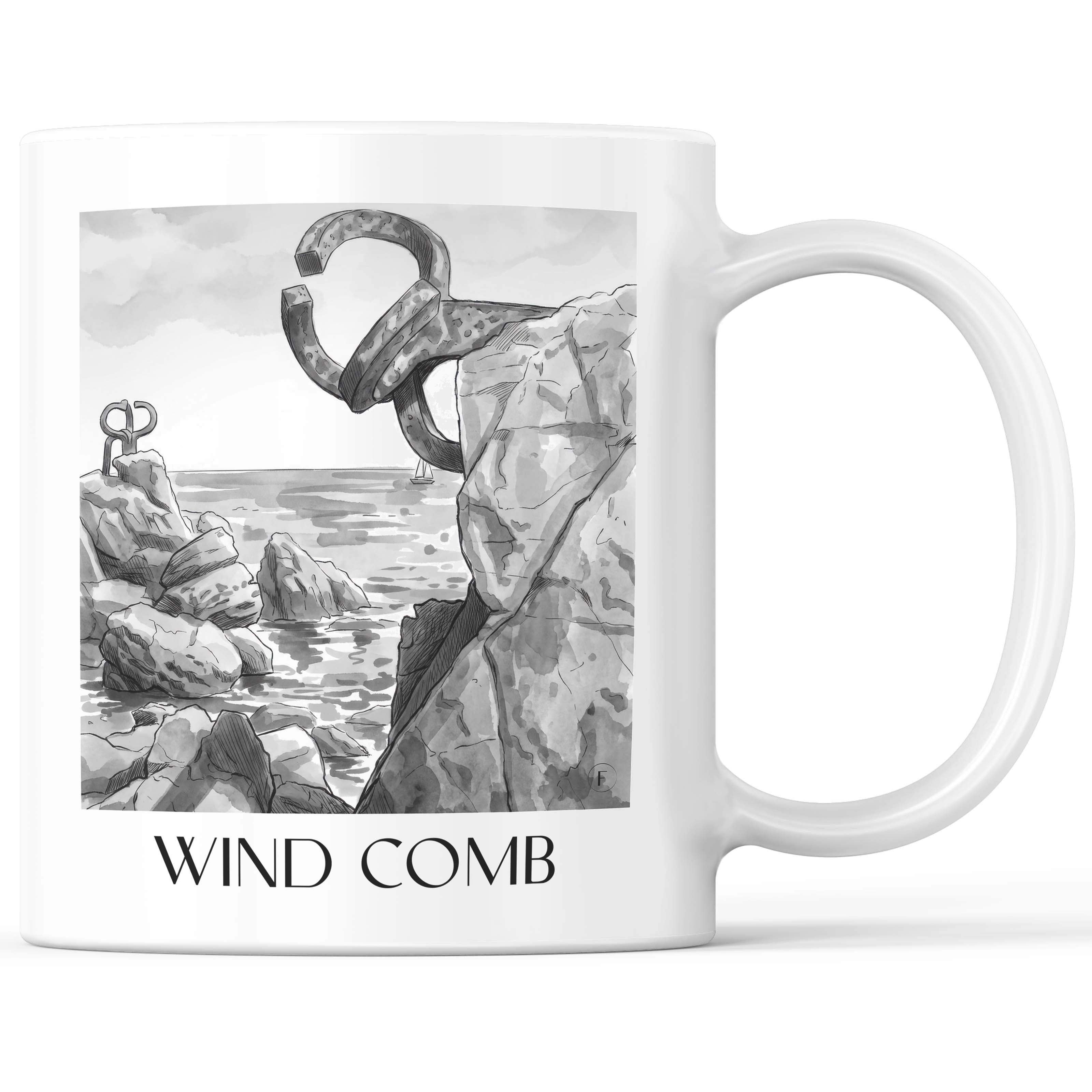 Peine del Viento Kaffeebecher - San Sebastián - Spanien Becher - Kaffeetasse im Aquarell Schwarz-Weiß Stil - favplace