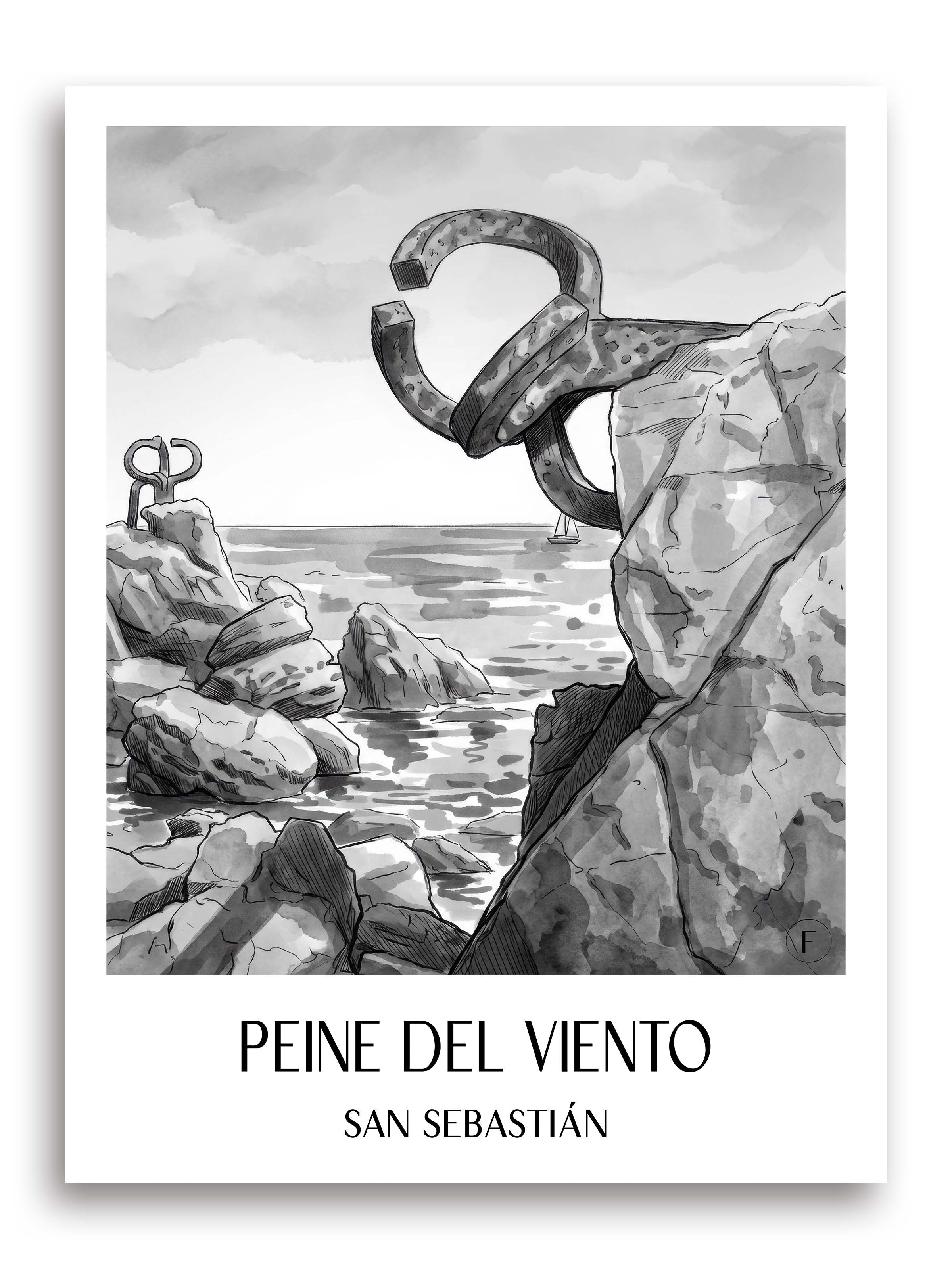 peine-del-viento-san-sebastián-spanien-poster-aquarell-schwarz-weiss