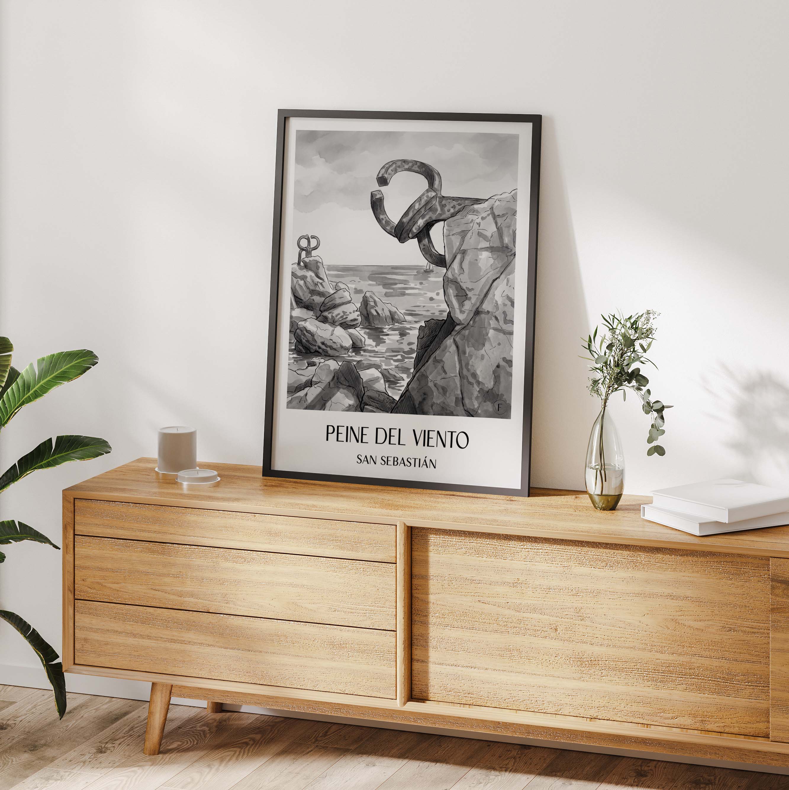 peine-del-viento-san-sebastián-spanien-poster-aquarell-schwarz-weiss
