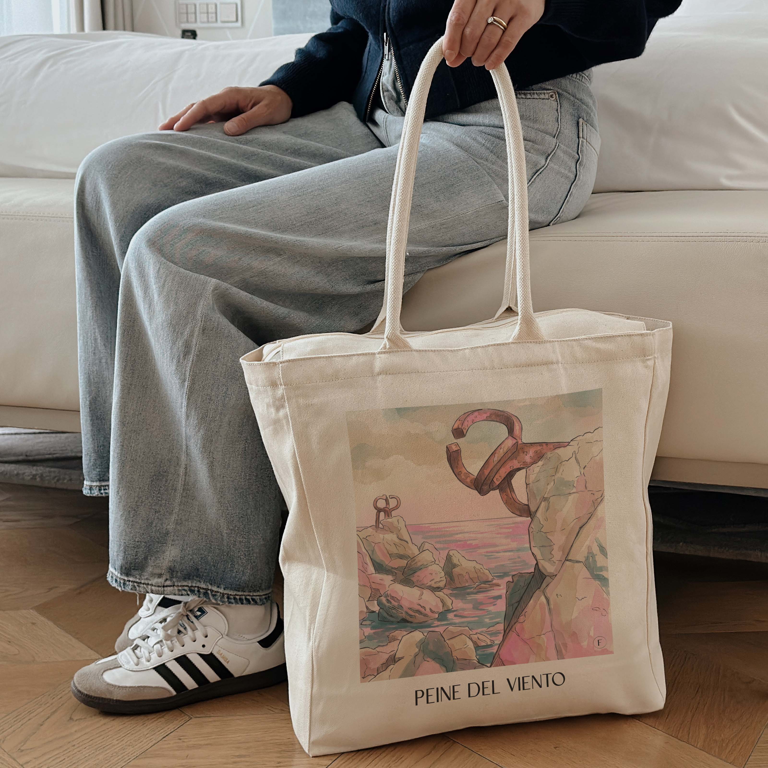 peine-del-viento-san-sebastián-spanien-einkaufstasche-aquarell-pink-rosa