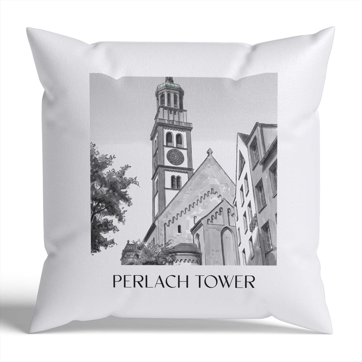 Perlachturm Kissenhülle - Zierkissen Bezug - Augsburg - Deutschland Kissen bzw. Kissenbezug im Aquarell Schwarz-Weiß Stil - favplace