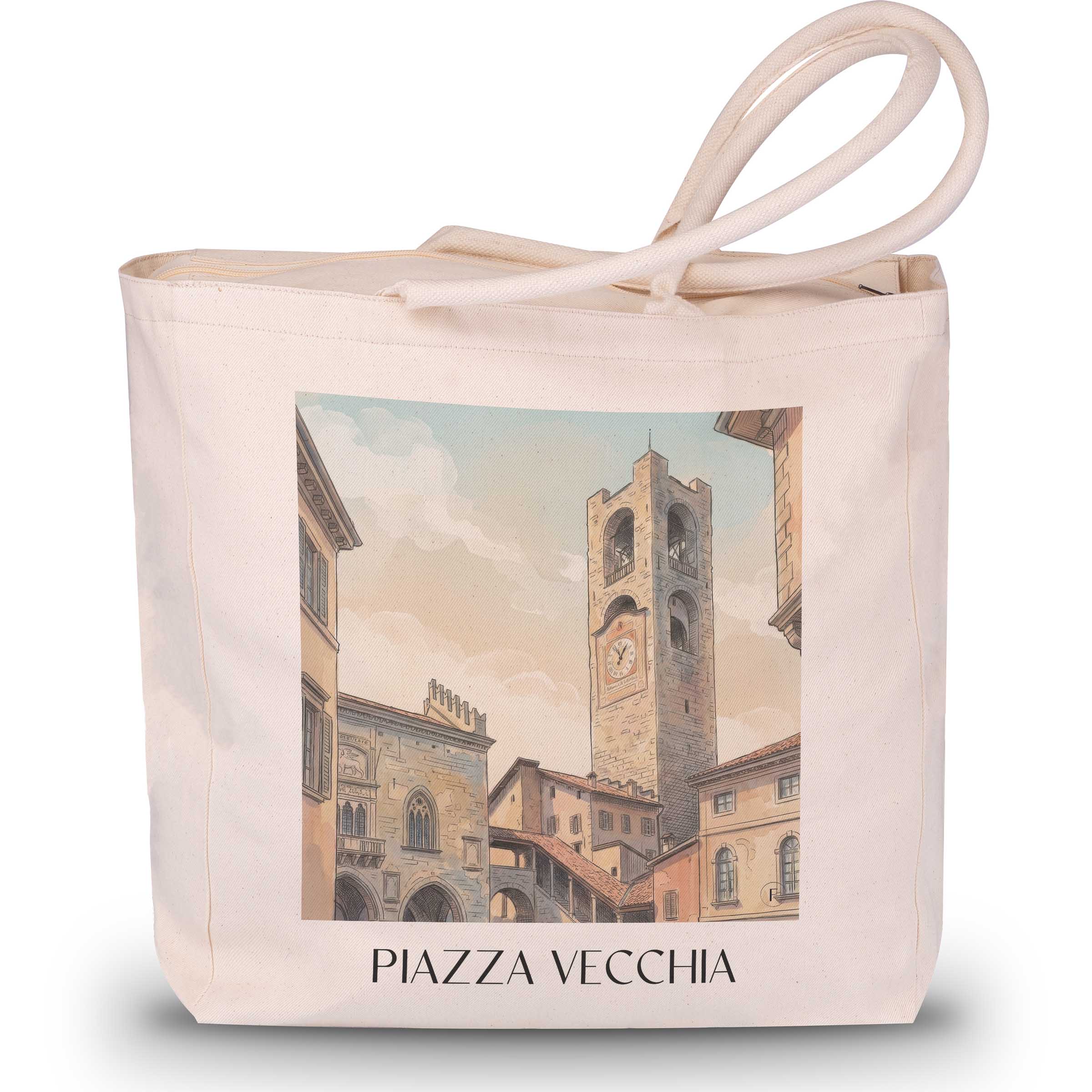 Piazza Vecchia Shopping Tasche - Bergamo - Italien Tote Bag - Einkaufstasche im Aquarell Stil - favplace