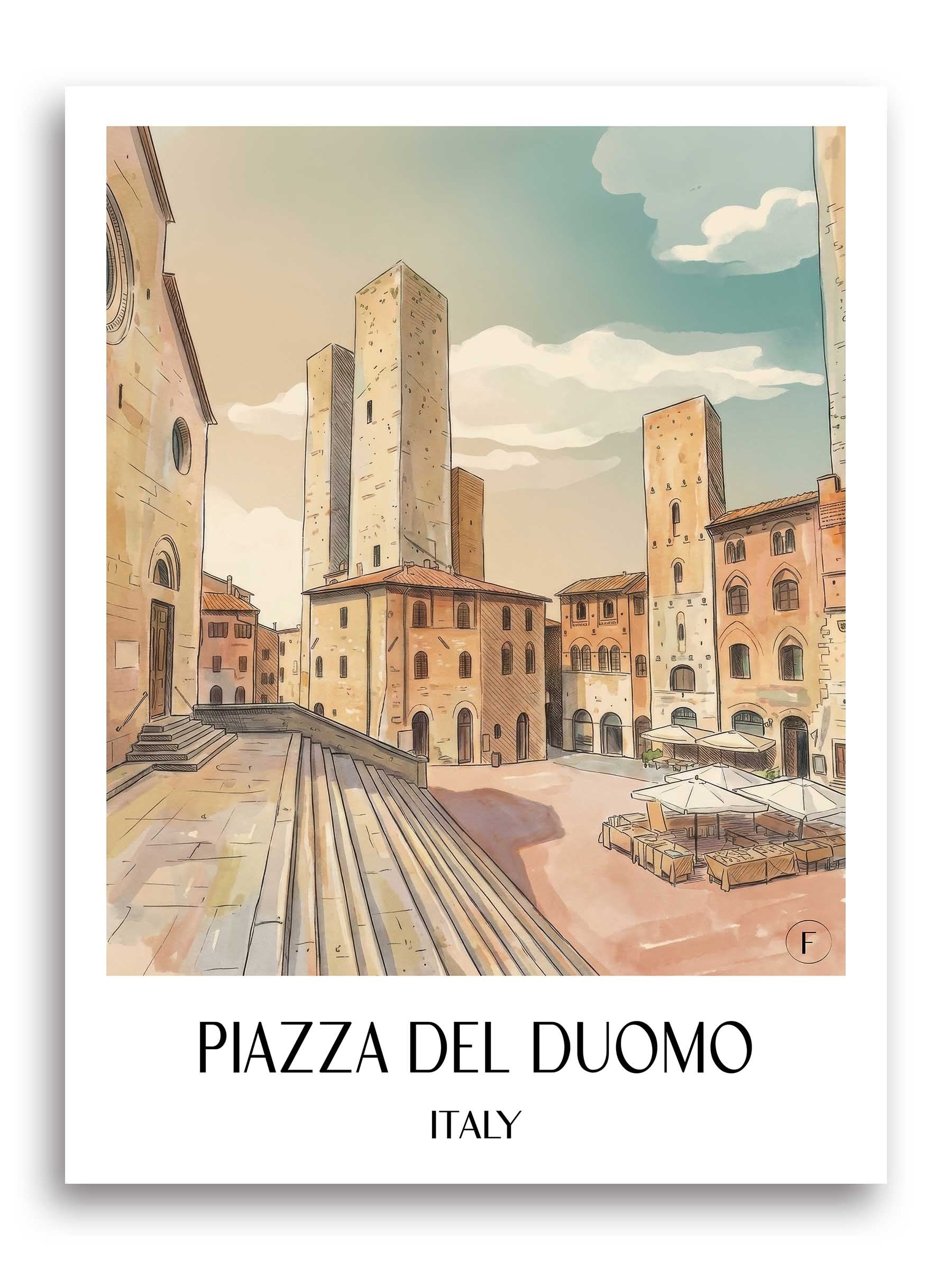 Piazza del Duomo Poster - San Gimignano - Italien Kunstdruck - Aquarell von A4 bis A1 - favplace