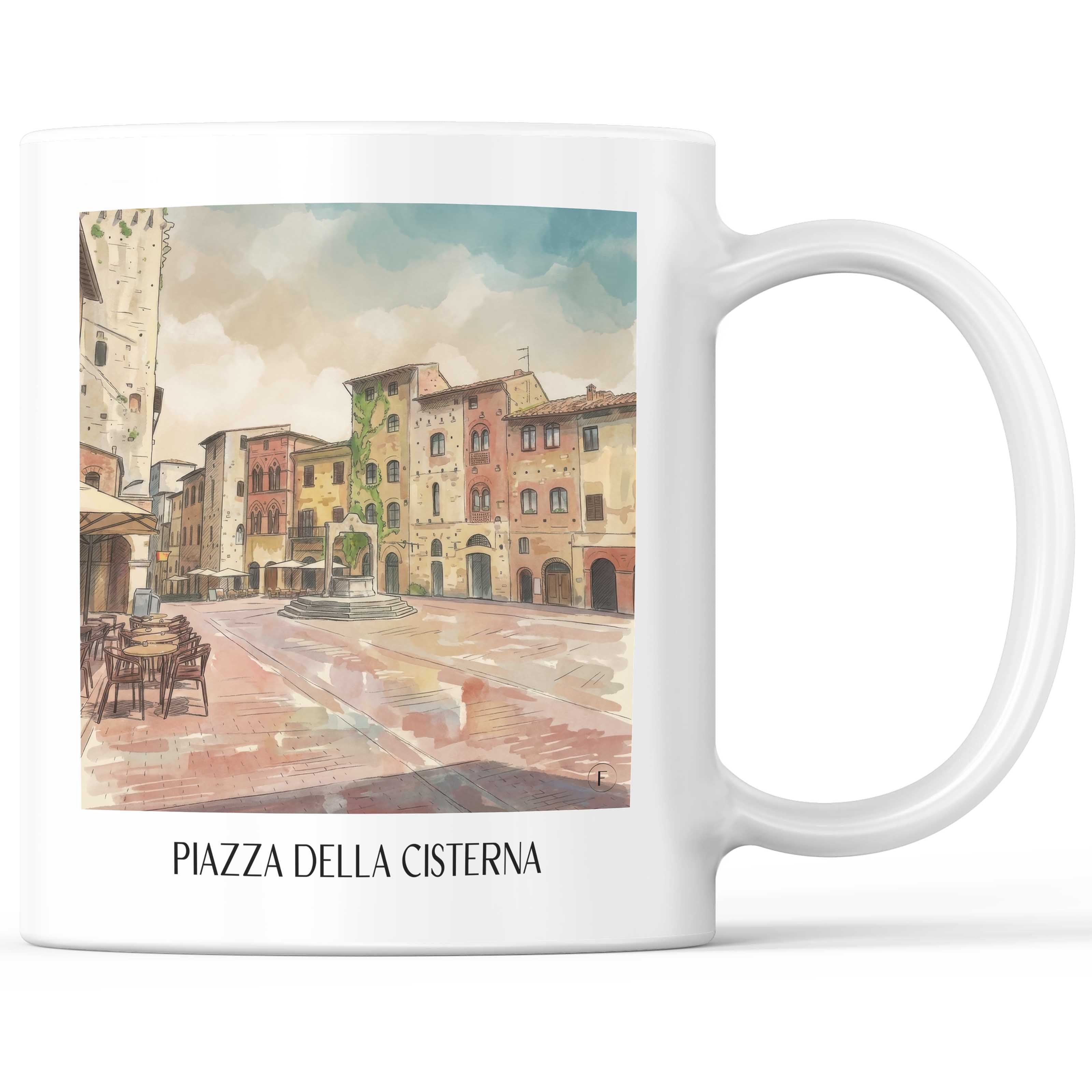 Piazza della Cisterna Kaffeebecher - San Gimignano - Italien Becher - Kaffeetasse im Aquarell Stil - favplace