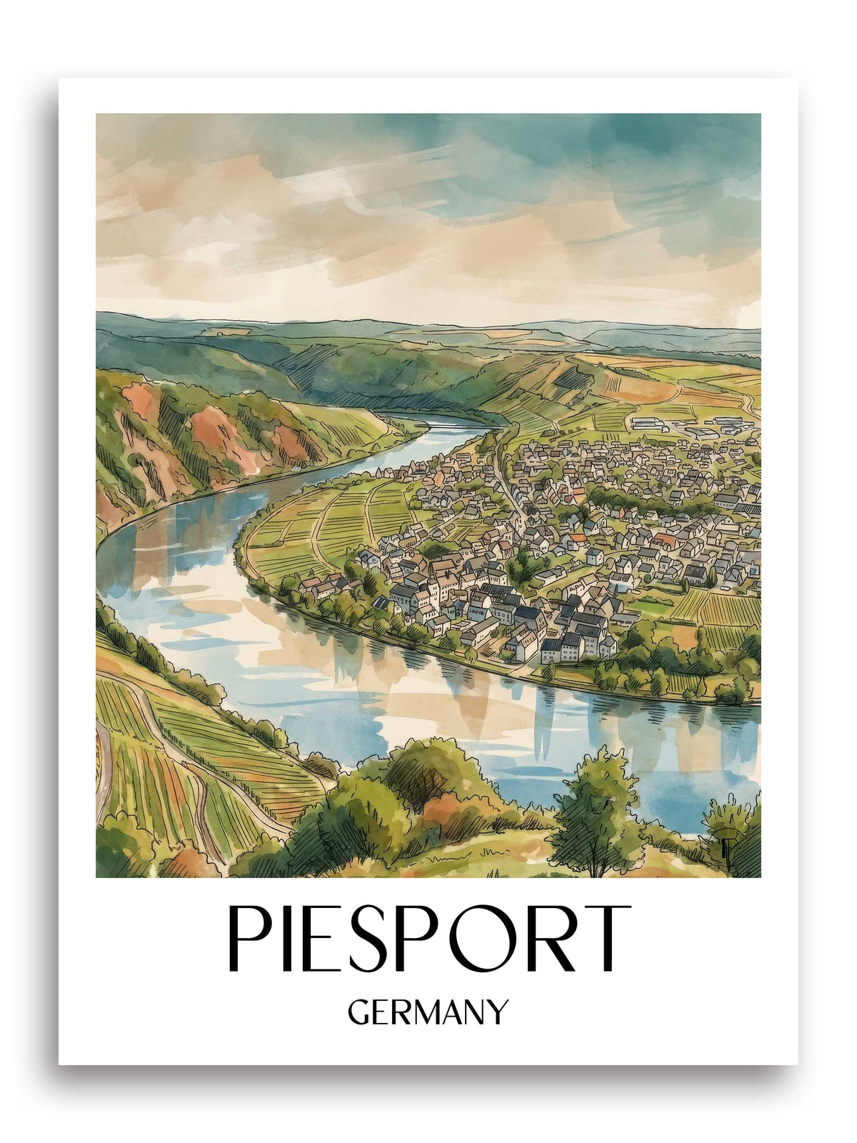 Piesport Poster - Mosel - Deutschland Kunstdruck - Aquarell von A4 bis A1 - favplace