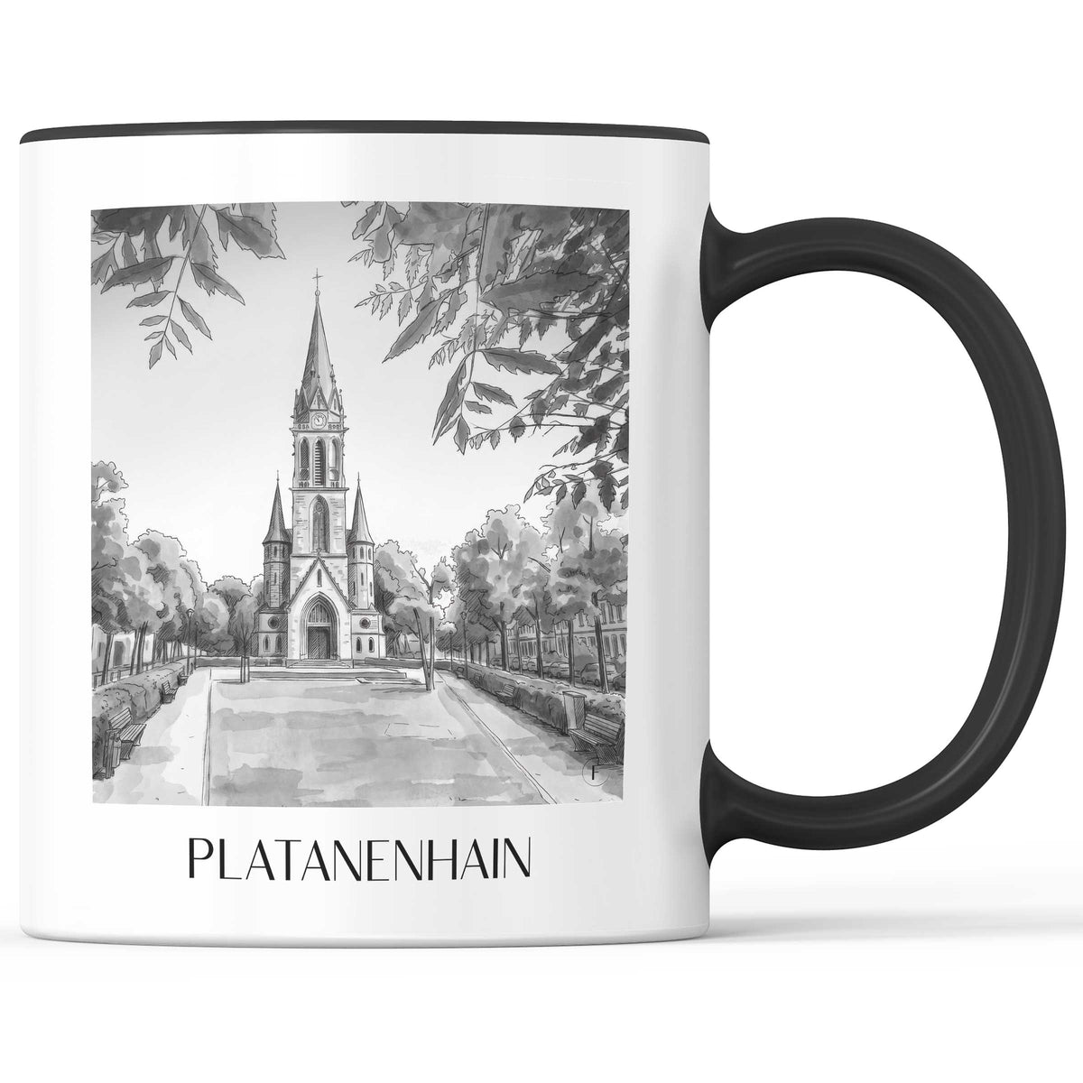 platanenhain-darmstadt-deutschland-kaffeebecher-aquarell-schwarz-weiss