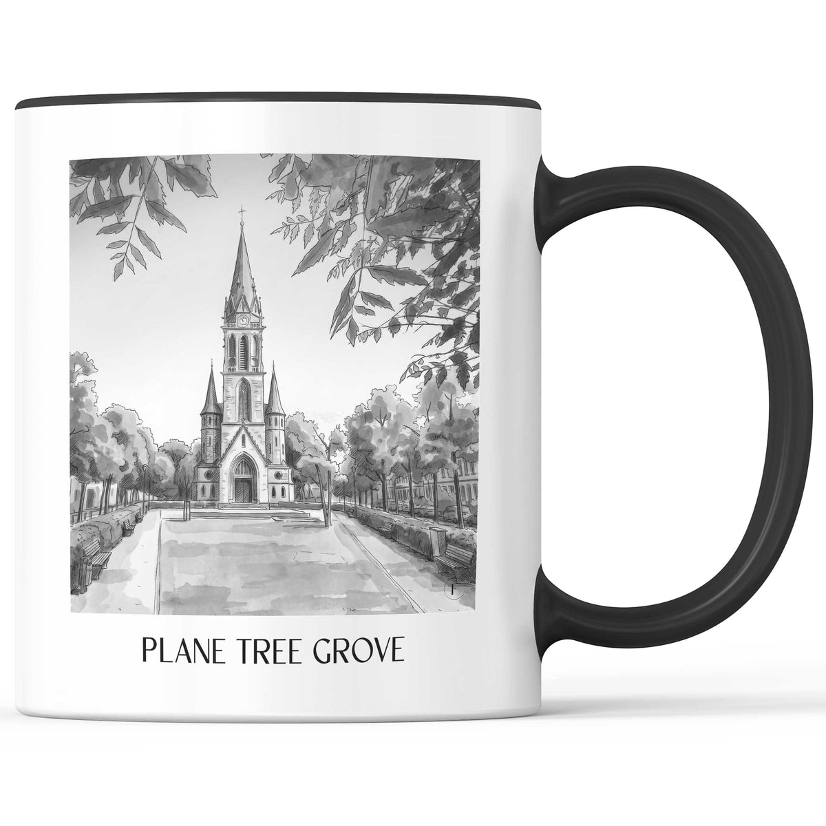 Platanenhain Kaffeebecher - Darmstadt - Deutschland Becher - Kaffeetasse im Aquarell Schwarz-Weiß Stil - favplace