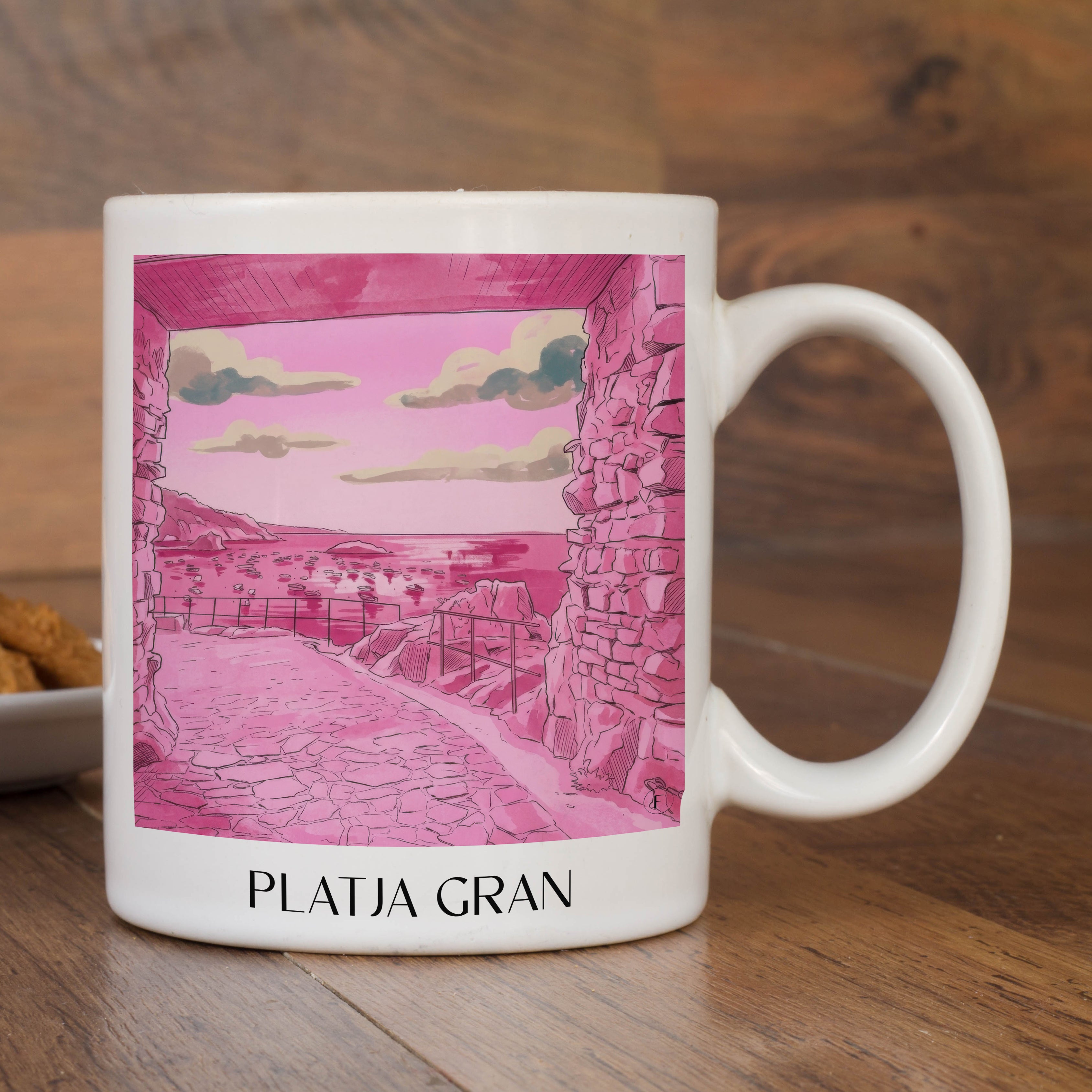 platja-gran-tossa-de-mar-spanien-kaffeebecher-aquarell-pink-rosa