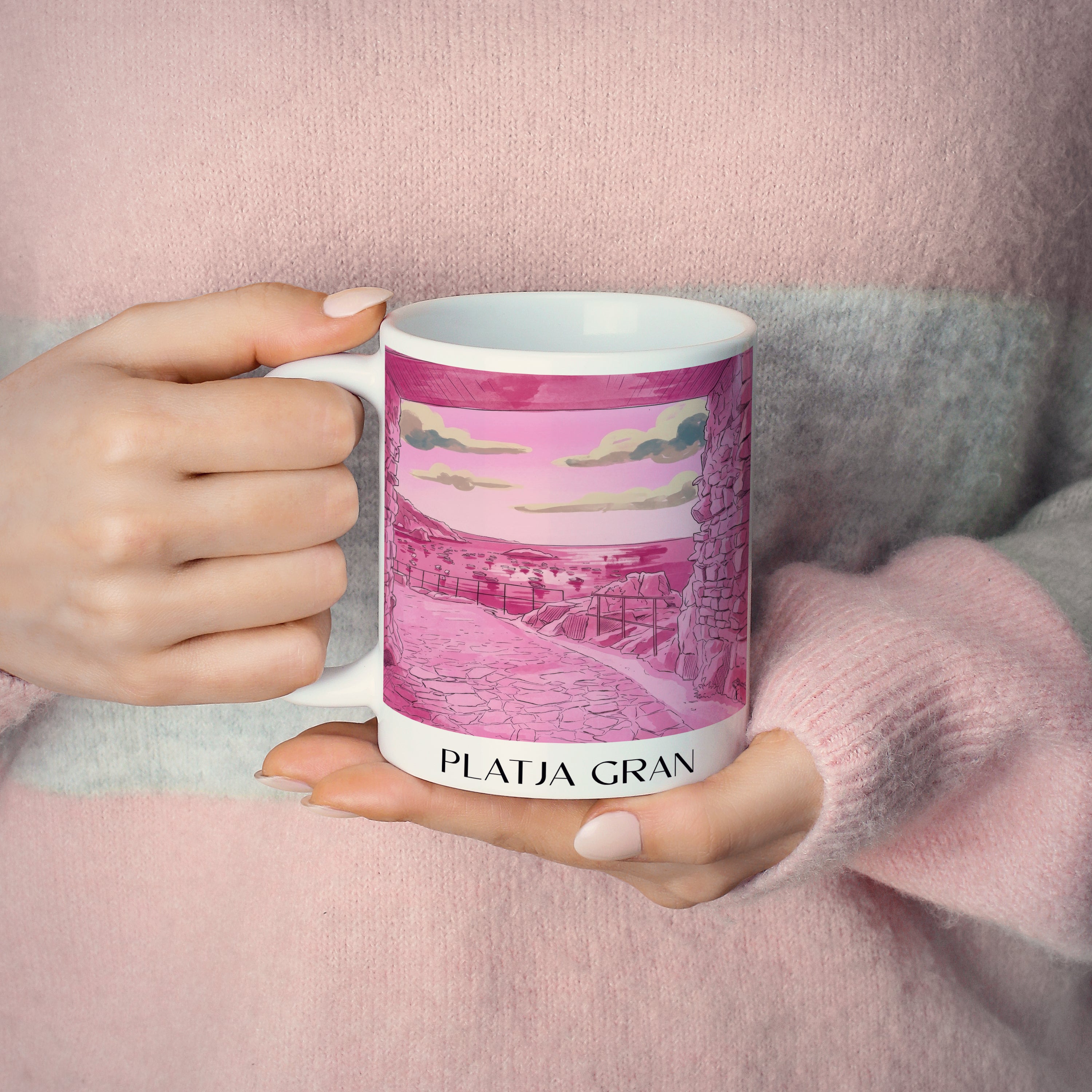 platja-gran-tossa-de-mar-spanien-kaffeebecher-aquarell-pink-rosa
