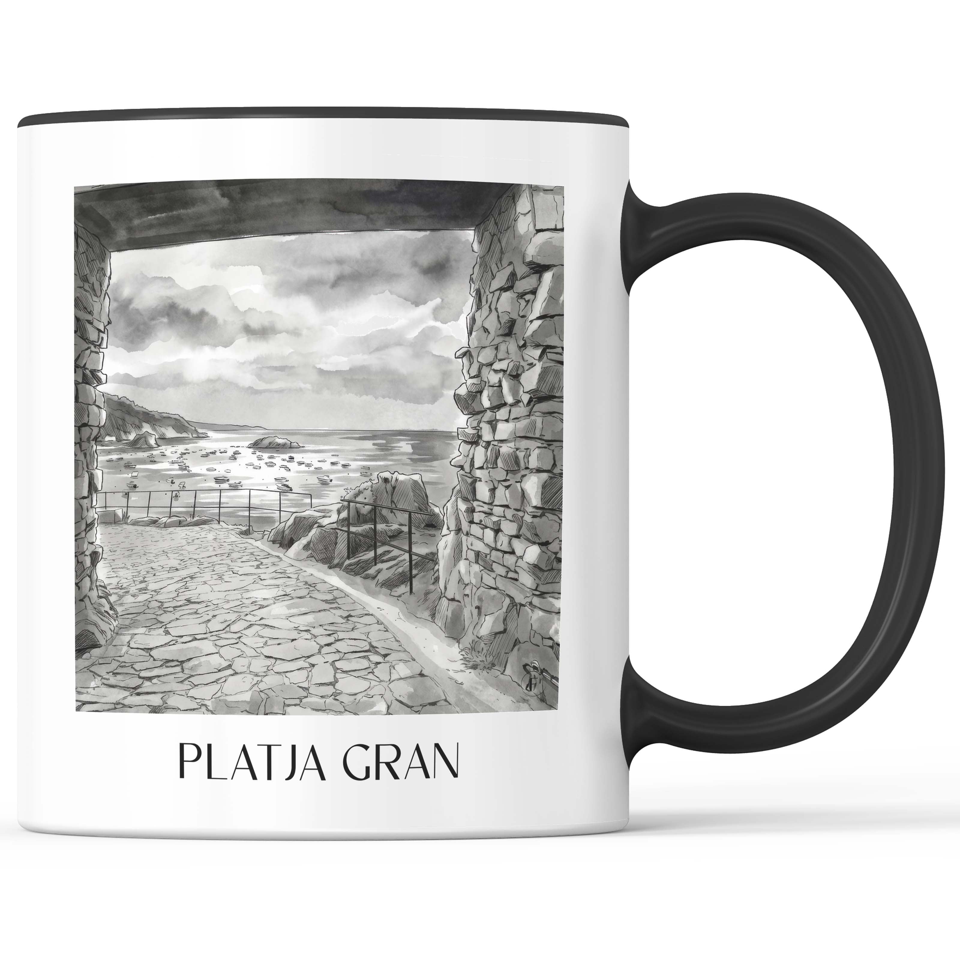 platja-gran-tossa-de-mar-spanien-kaffeebecher-aquarell-schwarz-weiss