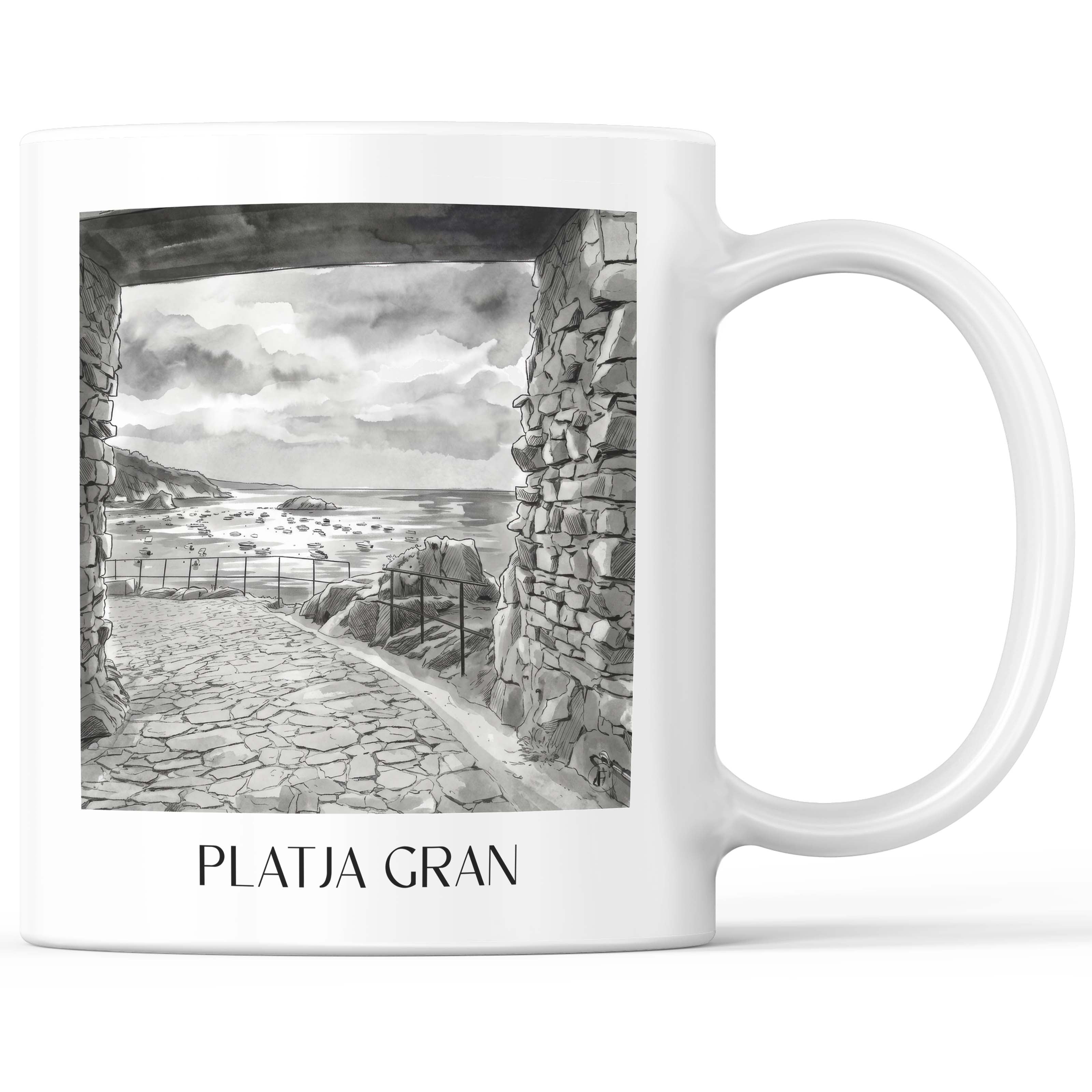 Platja Gran Kaffeebecher - Tossa de Mar - Spanien Becher - Kaffeetasse im Aquarell Schwarz-Weiß Stil - favplace