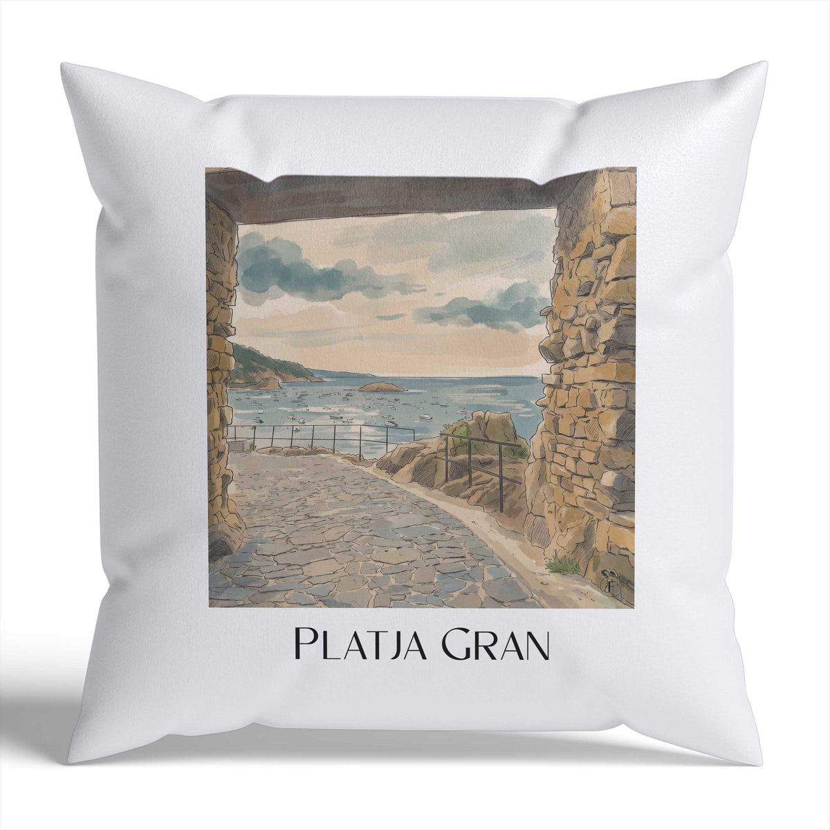 Platja Gran Kissenhülle - Zierkissen Bezug - Tossa de Mar - Spanien Kissen bzw. Kissenbezug im Aquarell Stil - favplace