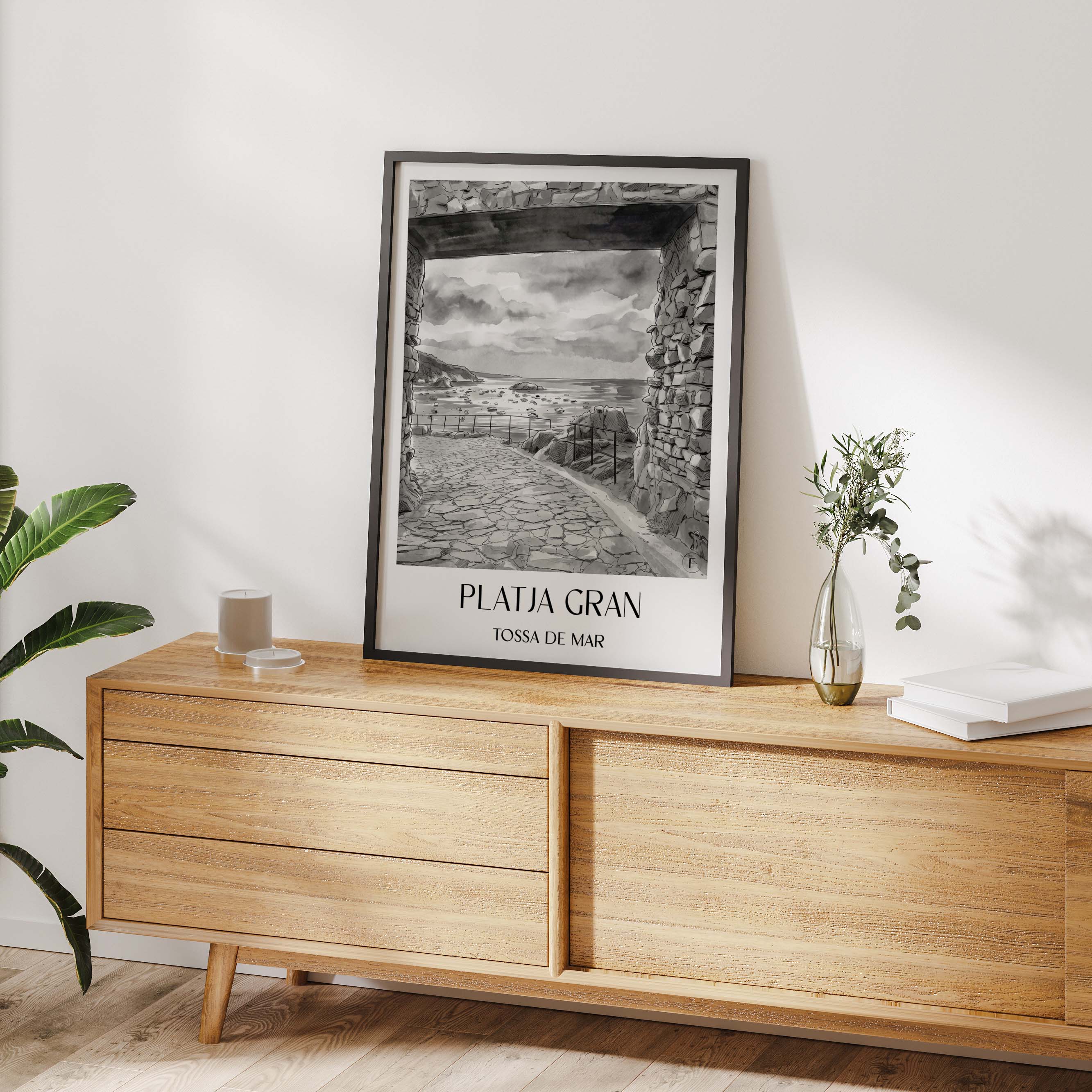 platja-gran-tossa-de-mar-spanien-poster-aquarell-schwarz-weiss