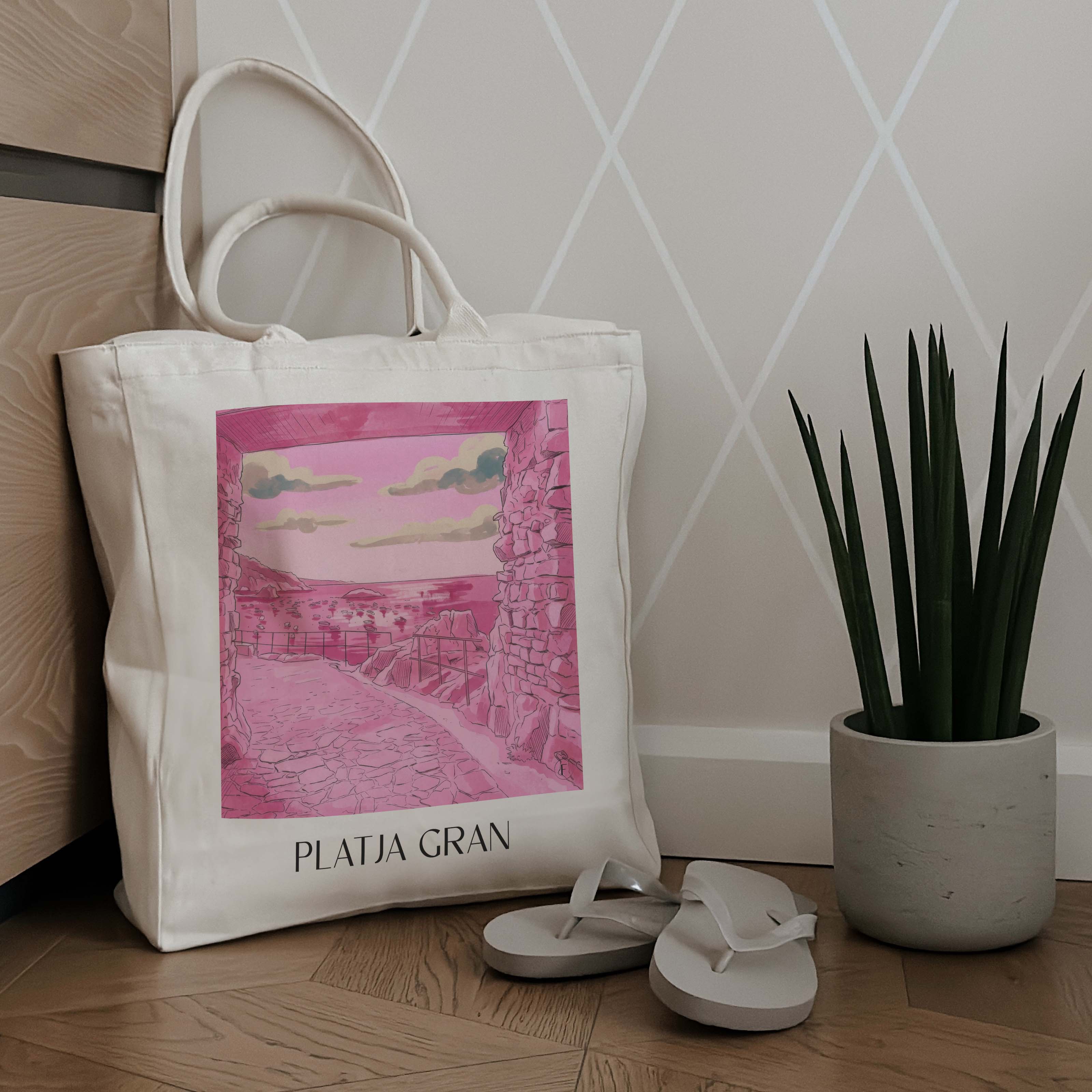 platja-gran-tossa-de-mar-spanien-einkaufstasche-aquarell-pink-rosa