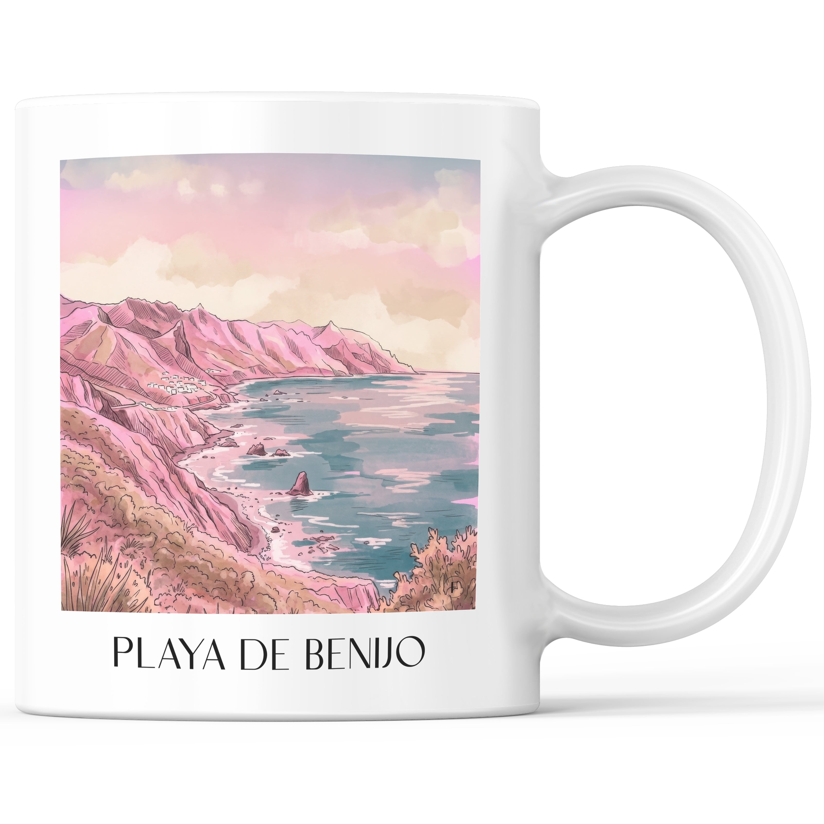 Playa de Benijo Kaffeebecher - Teneriffa - Spanien Becher - Kaffeetasse im Aquarell Pink Stil - favplace