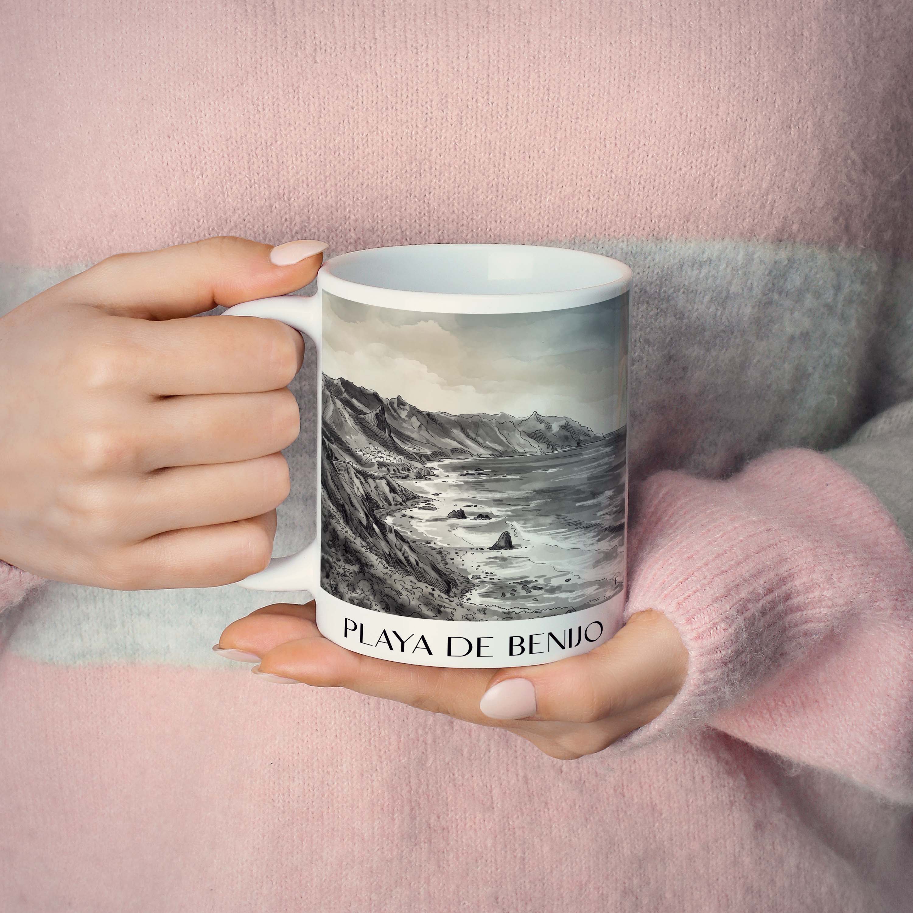 playa-de-benijo-teneriffa-spanien-kaffeebecher-aquarell-schwarz-weiss