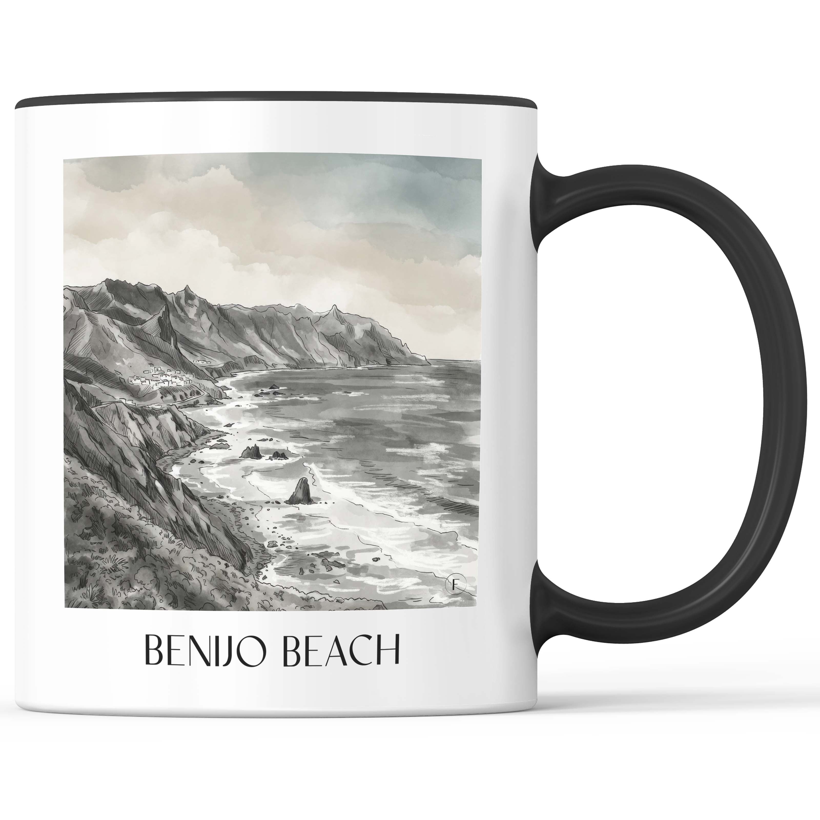 Playa de Benijo Kaffeebecher - Teneriffa - Spanien Becher - Kaffeetasse im Aquarell Schwarz-Weiß Stil - favplace