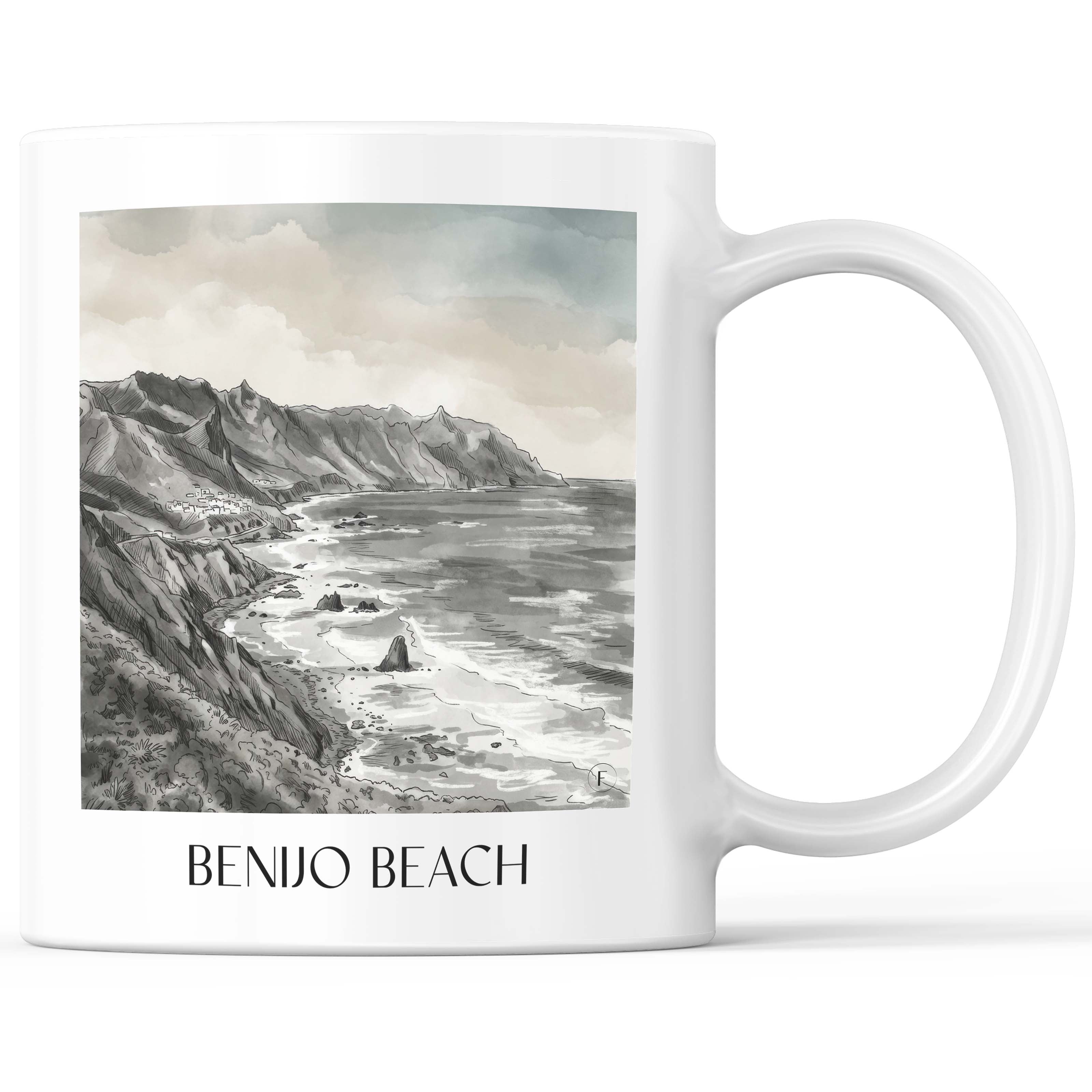Playa de Benijo Kaffeebecher - Teneriffa - Spanien Becher - Kaffeetasse im Aquarell Schwarz-Weiß Stil - favplace
