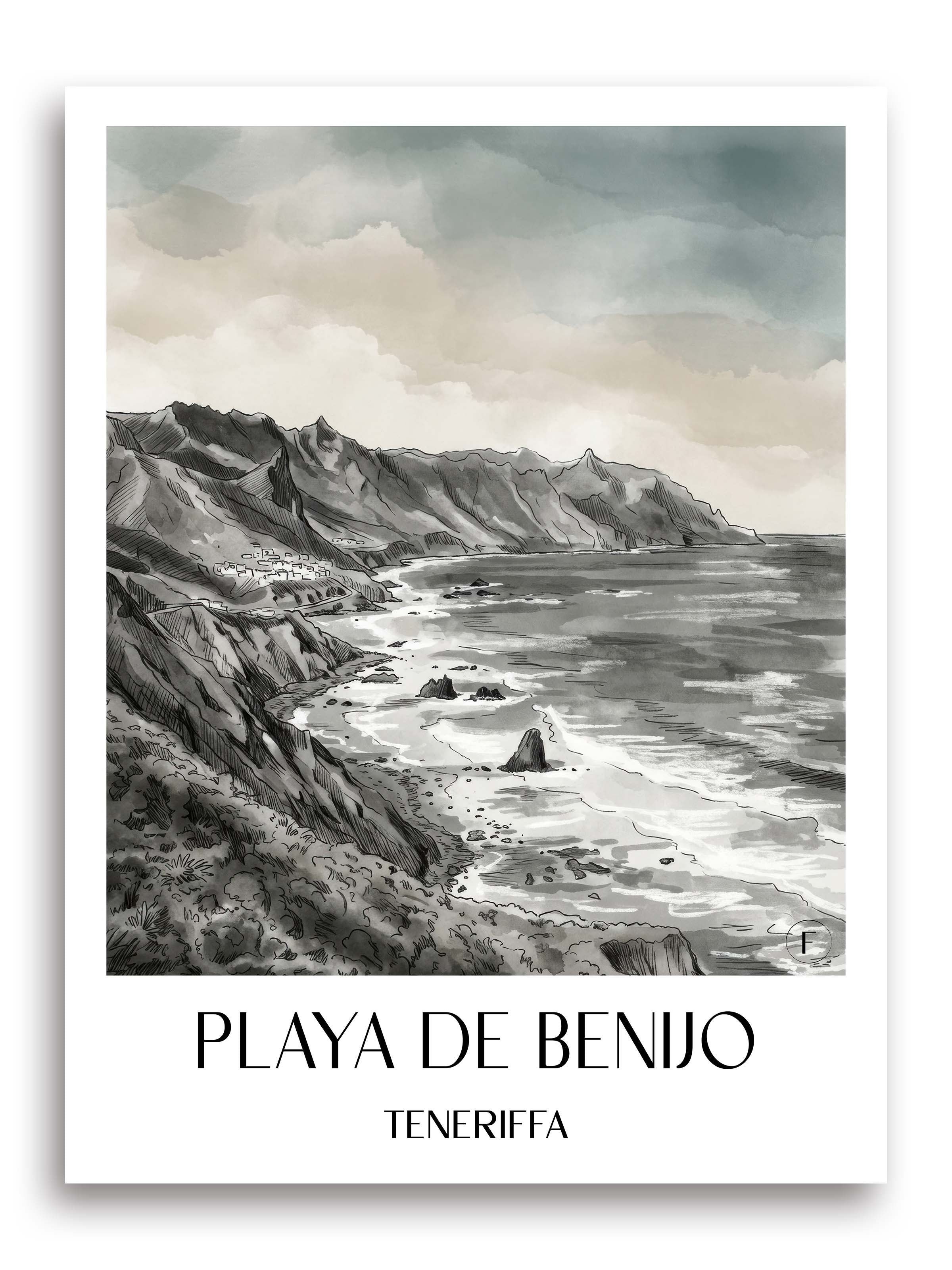 playa-de-benijo-teneriffa-spanien-poster-aquarell-schwarz-weiss