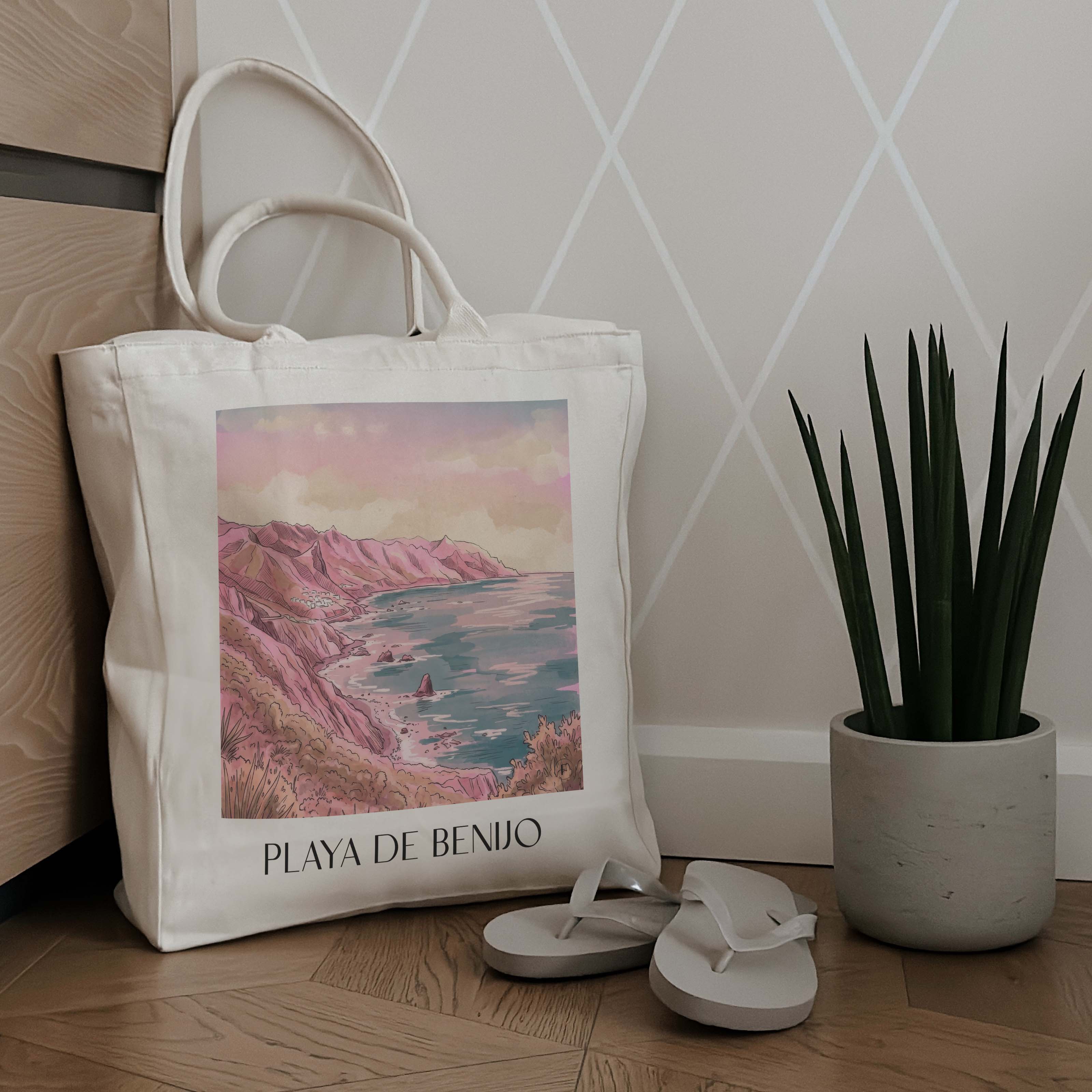 playa-de-benijo-teneriffa-spanien-einkaufstasche-aquarell-pink-rosa