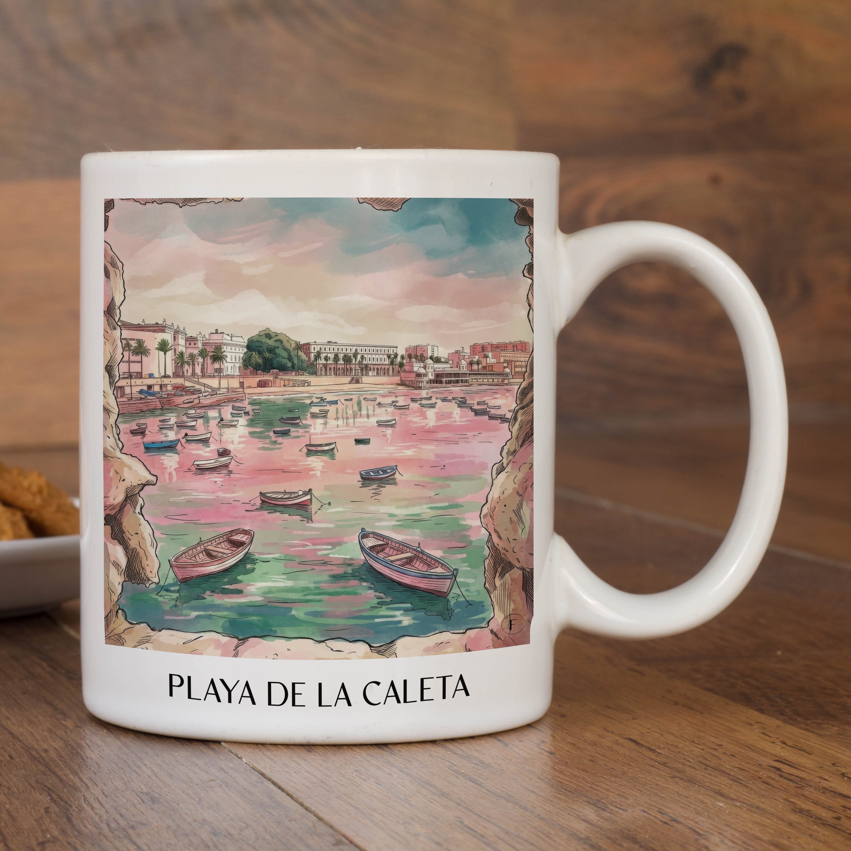 playa-de-la-caleta-cádiz-spanien-kaffeebecher-aquarell-pink-rosa