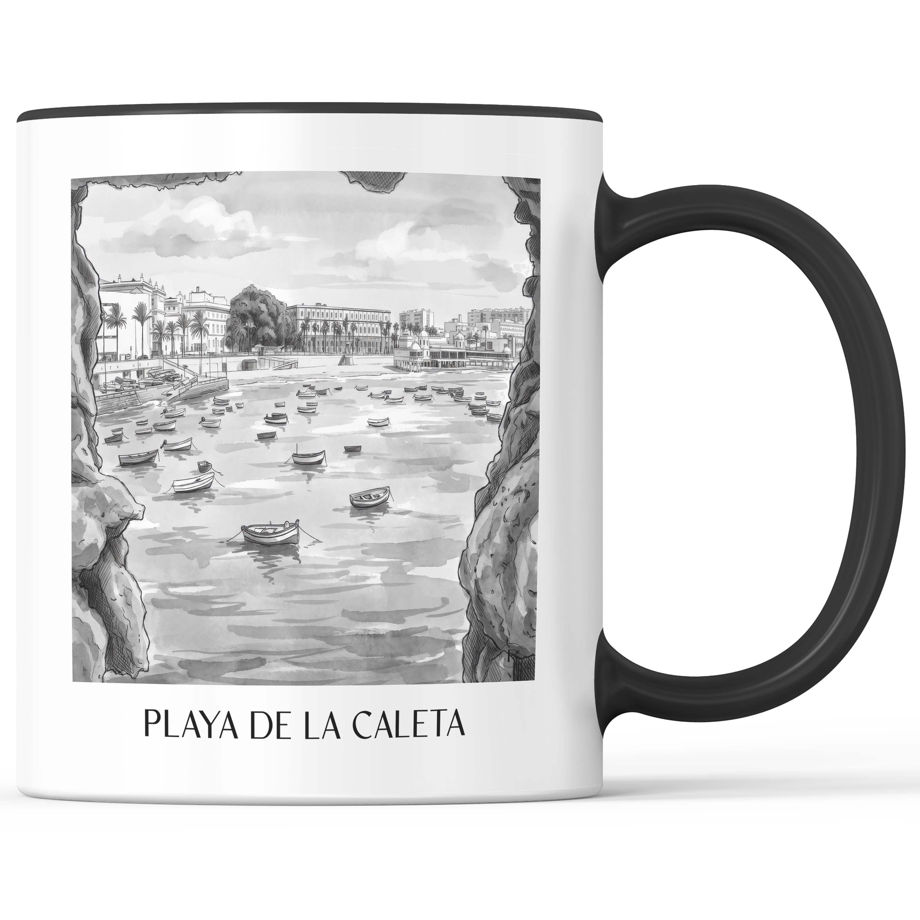 playa-de-la-caleta-cádiz-spanien-kaffeebecher-aquarell-schwarz-weiss