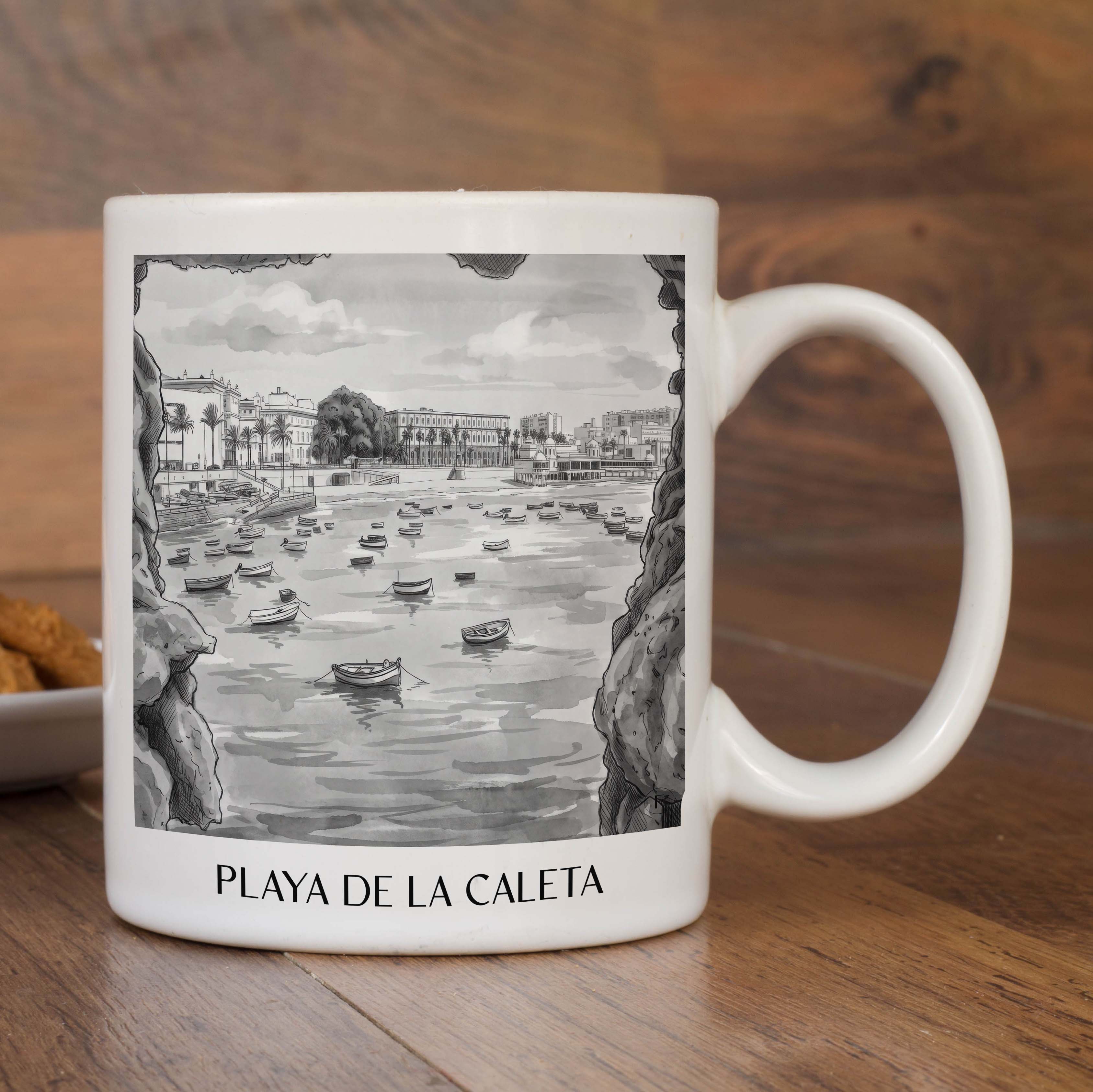 playa-de-la-caleta-cádiz-spanien-kaffeebecher-aquarell-schwarz-weiss